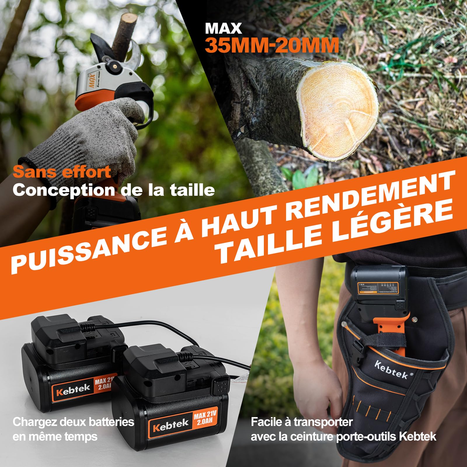 Kebtek Sécateur Électrique 35 mm - Professionnel Brushless Sécateur - 18V 500W - LCD Écran - SK5 Lame - 2 Batteries - Sécateur pour Vigne, le Cerisier, le Pommier (KT-E35)