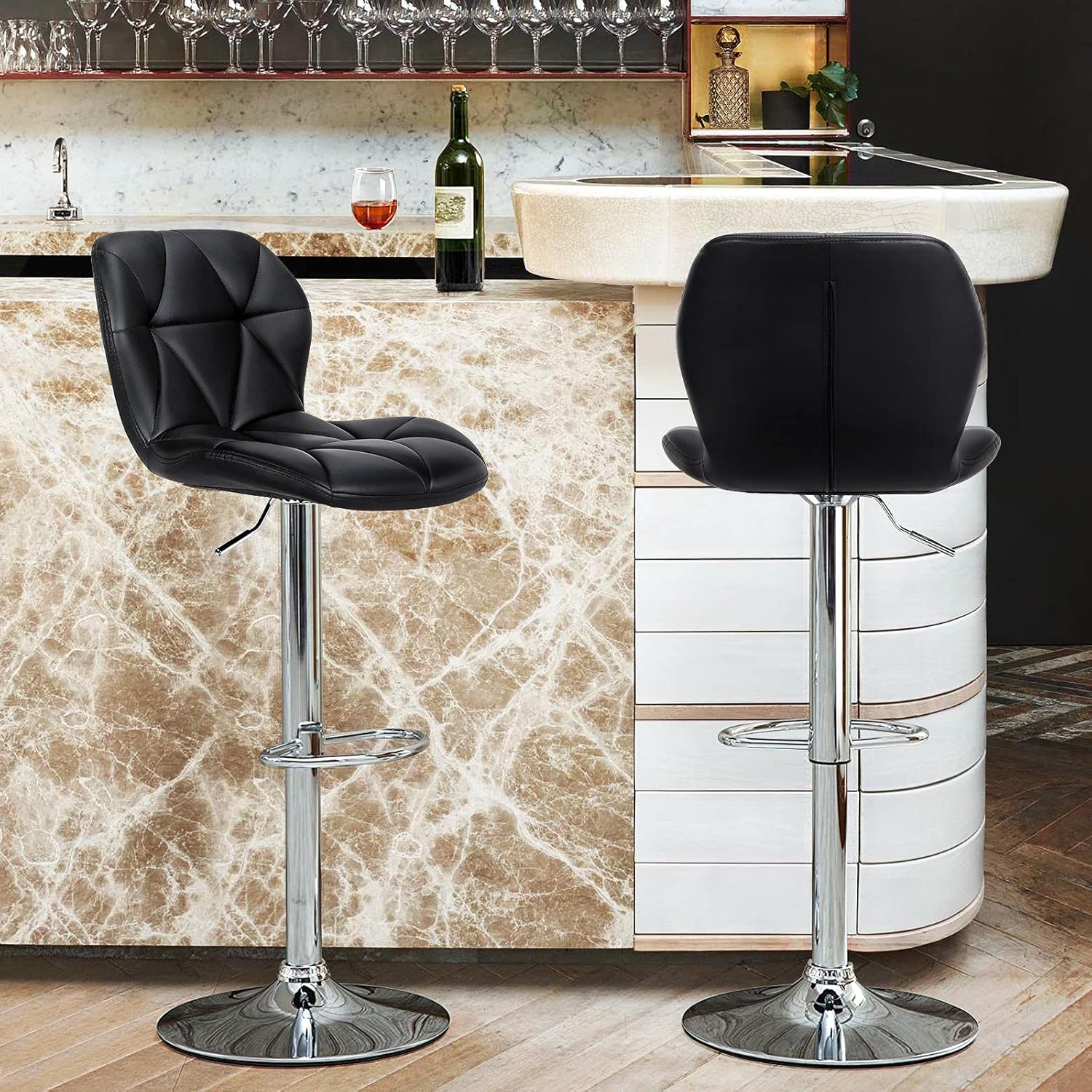 Topeakmart 2pcs Bar Stools PU Leather 360° Swivel Bar Counter Chair with Backrest Home Kitchen Bar Stools Black