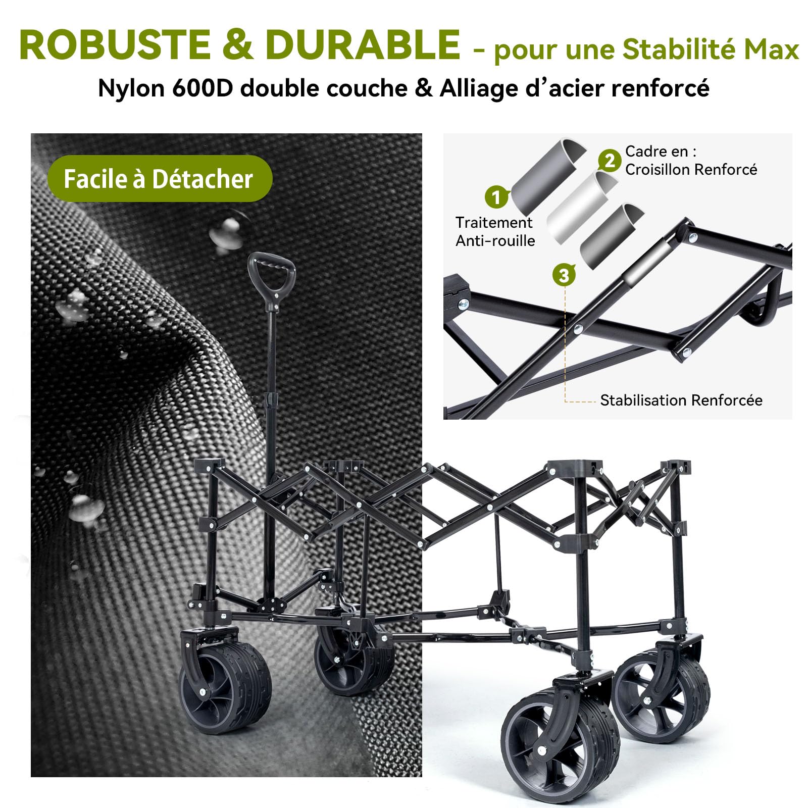 HIKENTURE Chariot de Transport Pliable avec Frein 135L 150KG - Roues Extra Larges 20x10cm - Tout Terrain pour Plage, Courses, Camping, Festival, Jardin, Pêche, Noir/Gris