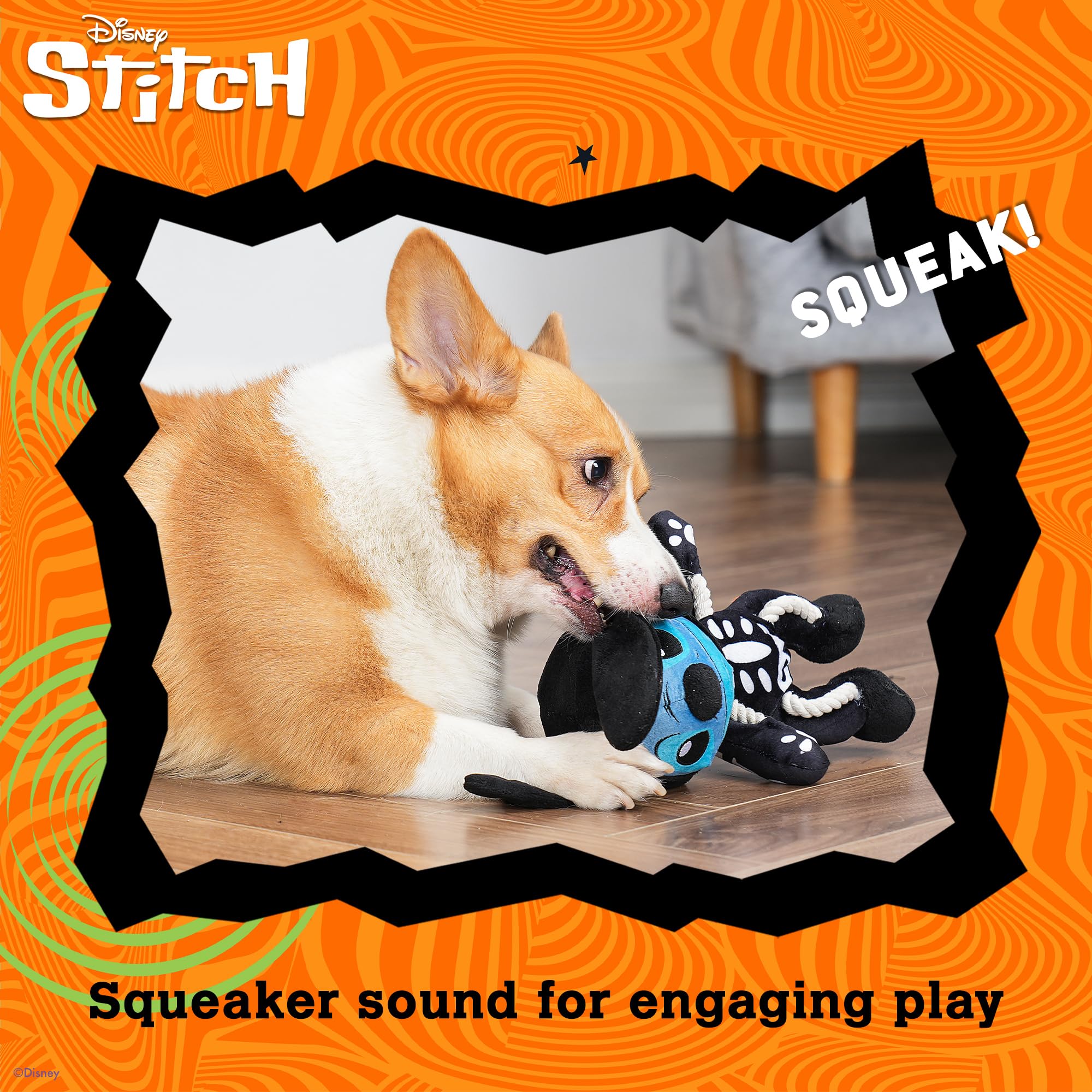 Disney for Pets Lilo and Stitch 20,3 cm Skelett-Stil verstecktes Seil Plüsch Quietscher Hundespielzeug Quietschendes Haustier Plüsch Zerrseile für Hunde, süßes Hundespielzeug für Disney Fans