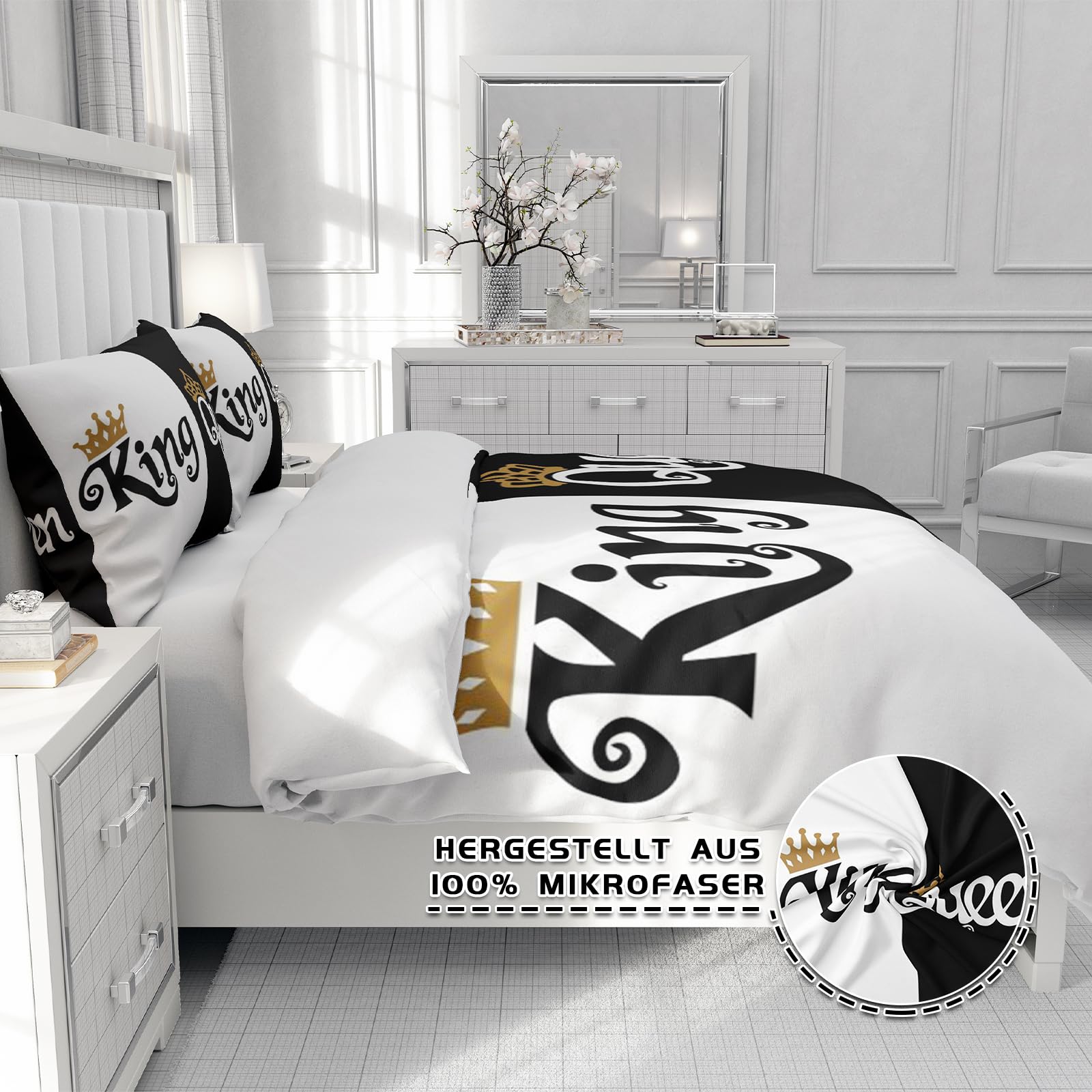 Beddengoed 220 x 240 King en Queen, zwart en wit beddengoed voor koppels, 100% microvezel, dekbedovertrek, King Queen, met ritssluiting, 1 dekbedovertrek en 2 kussenslopen (D, 220x240cm