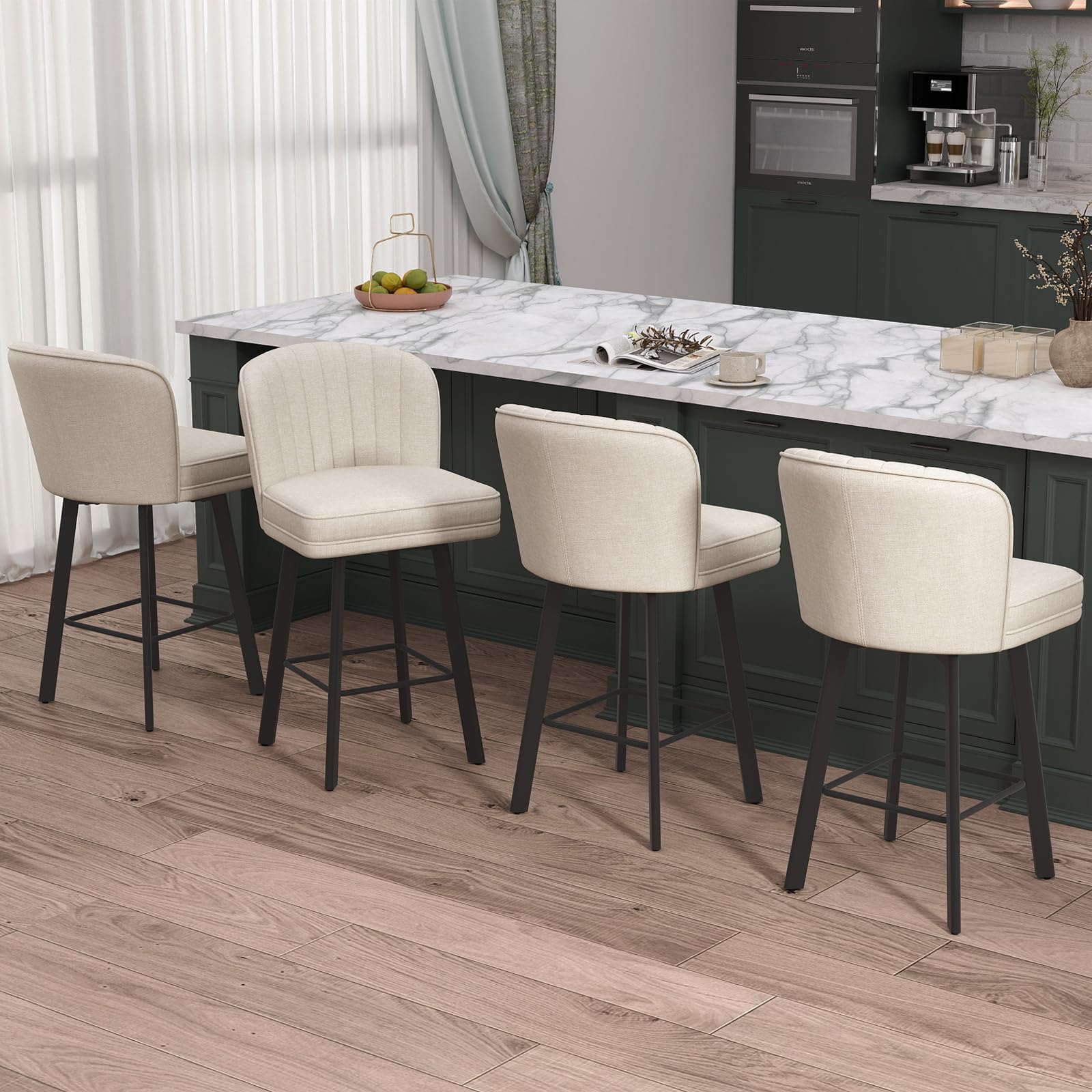 SAECKBERG Swivel Counter Height Bar Stools Set of 4, 26'' Modern Barstools with Backs and Metal Legs, Upholstered Bar Chairs, Beige, Fabric Stools for