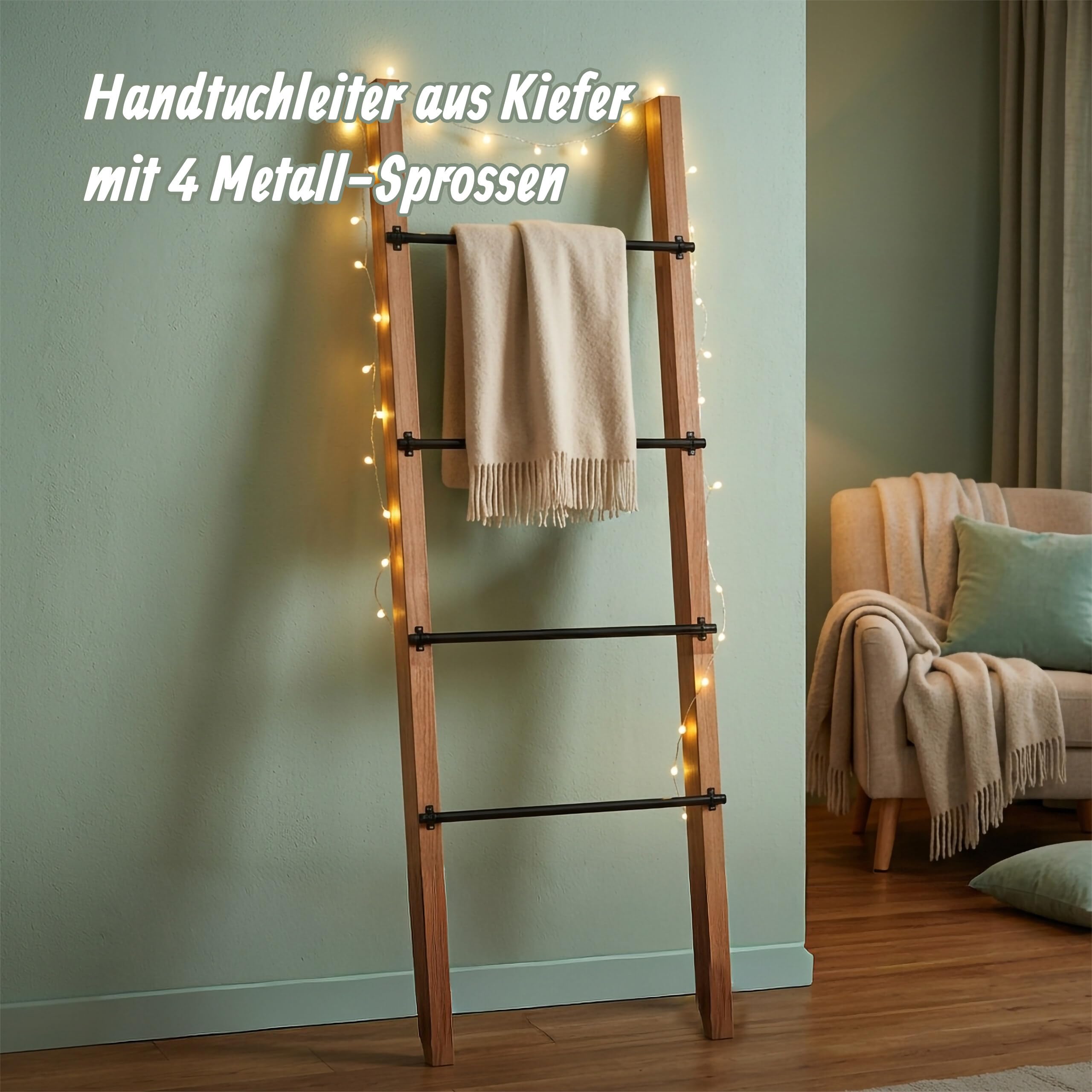 Relaxdays Handtuchleiter, 4 Sprossen, HxB: 160 x 55,5 cm, Natur/schwarz