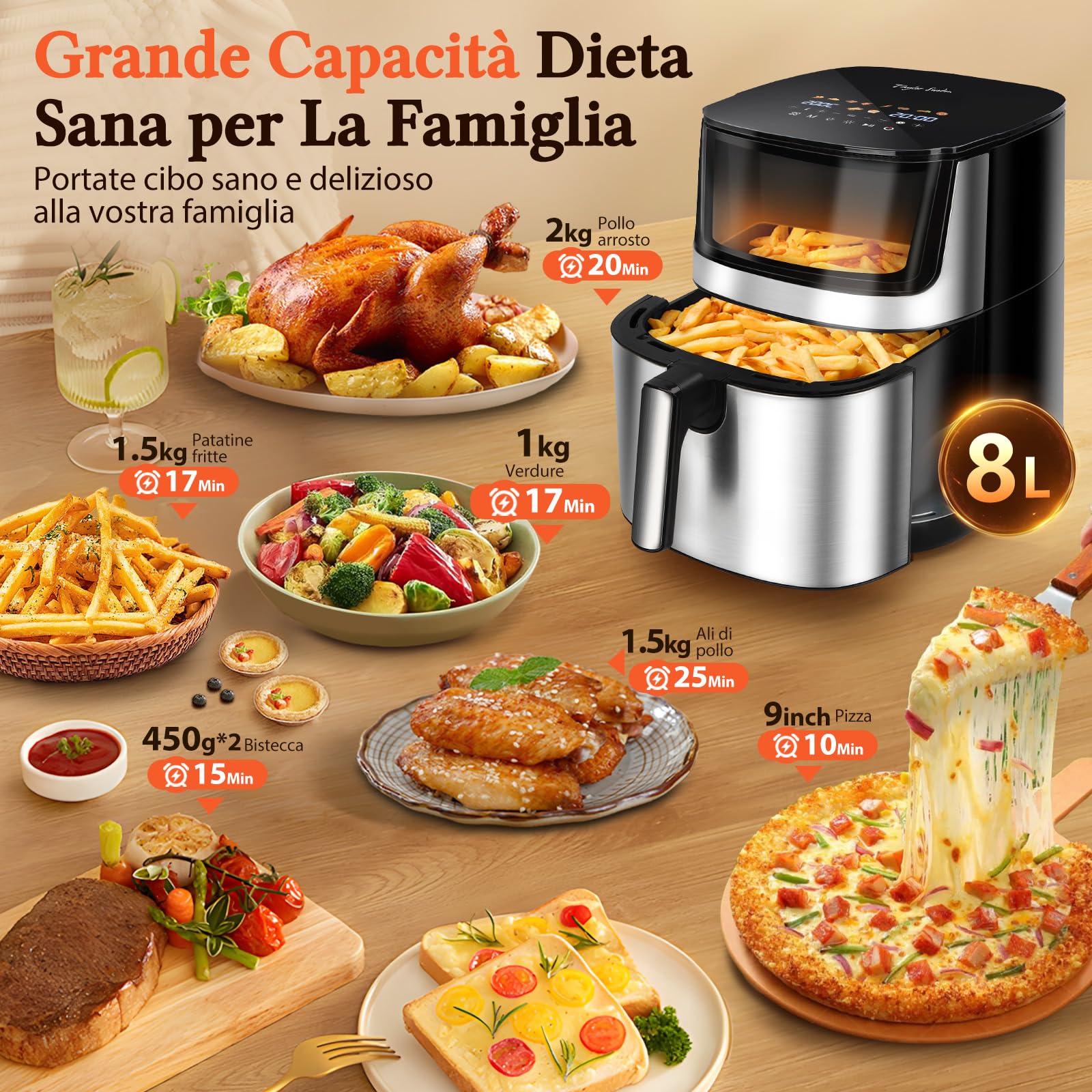 Taylor Swoden Friggitrice ad Aria 8L, 2000W Air Fryer con Doppia Resistenza e Interno in Metallo, Finestra Visibile, 10 Programmi, Senza Girare, Nero