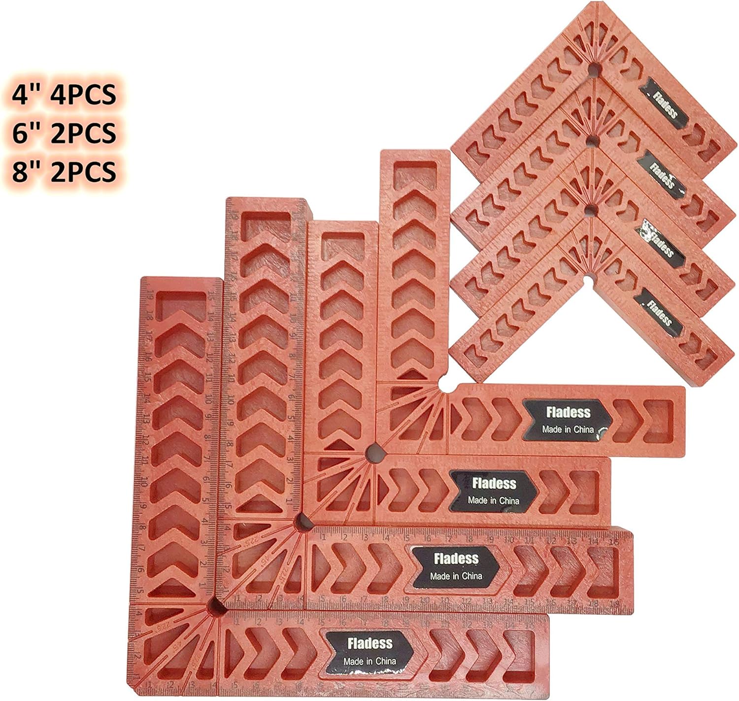 Get Cheap Price Fladess Positioning Squares, 90 Degree Clamping Square for Woodworking, Corner Clamps for Picture Frames, Boxes, Cabinets or Drawers, L-type Right Angle Ruler, Carpenter Tool, Set of 8 (red+red 4 6)