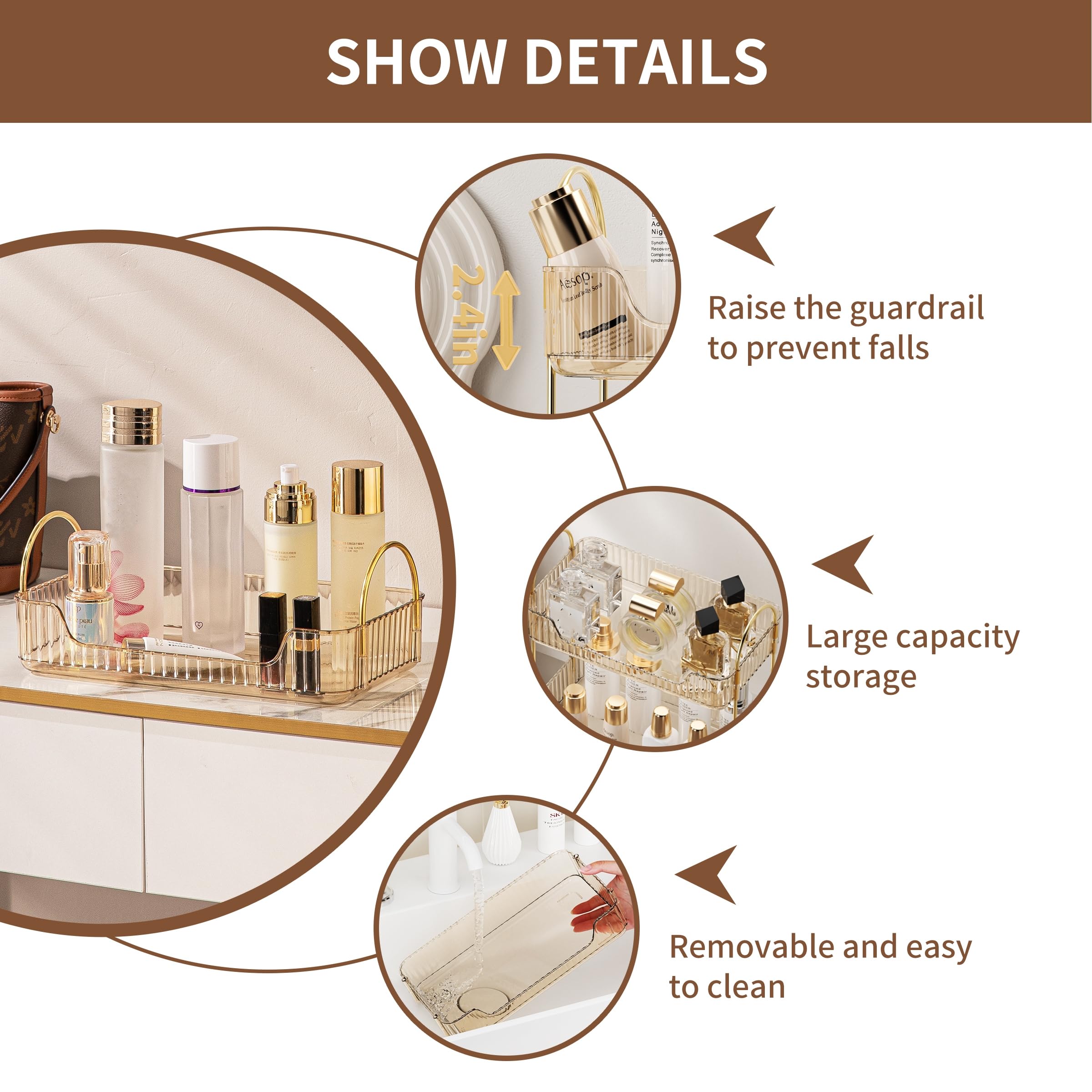 Bathroom Organizer Countertop, Vanity Tray for Skincare Makeup, Counter Organizer for Cosmetics, Toiletries, Lotions, Perfumes (1 Tier, Amber)