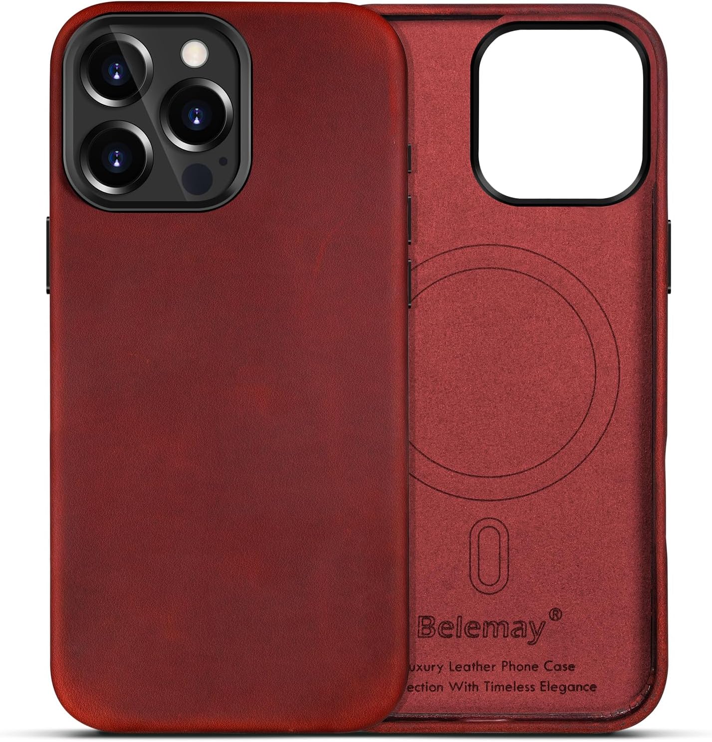 Belemay Leather Case for iPhone 16 Pro, Compatible with MagSafe [Camera Control Button] [Vintage Aesthetic] Premium Crazy Horse Leather, Unique Patina, Comfort Grip, Metal Buttons (6.3") Retro Red