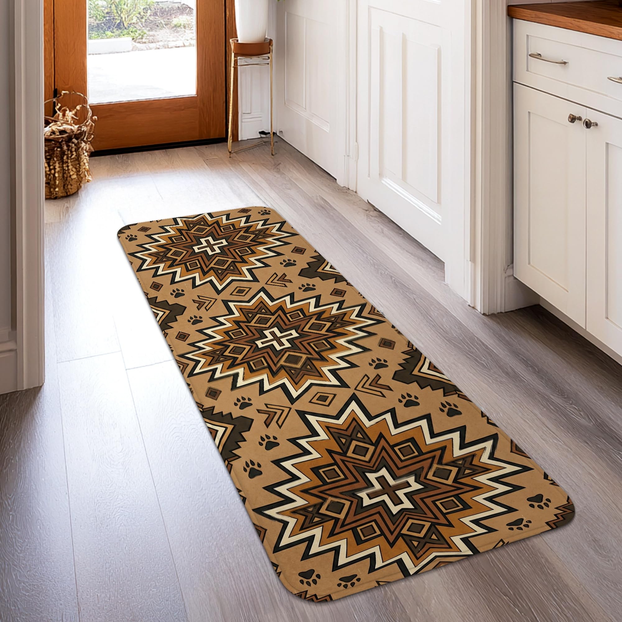 Tapis de couloir antidérapant et doux marron motif étoiles rustique