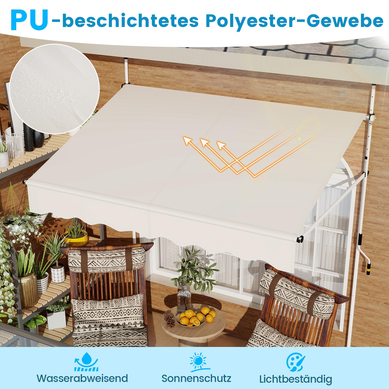 COSTWAY Markiza balkonowa, 200 cm, bez wiercenia, z korbą ręczną, regulacja wysokości i odporna na promieniowanie UV, markiza chroniąca przed słońcem, na taras, balkon do ogrodu (200 cm, biała)