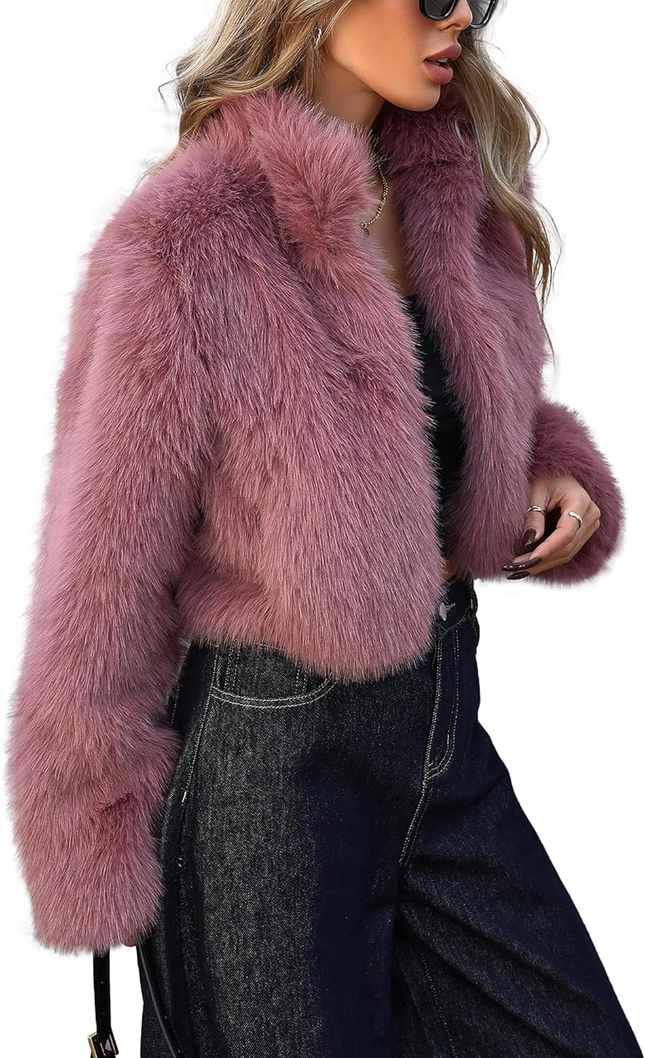 Womens Stand Collar Long Faux Fur Jacket Open Front Long Sleeve Fluffy Outwear Coat - Image 4