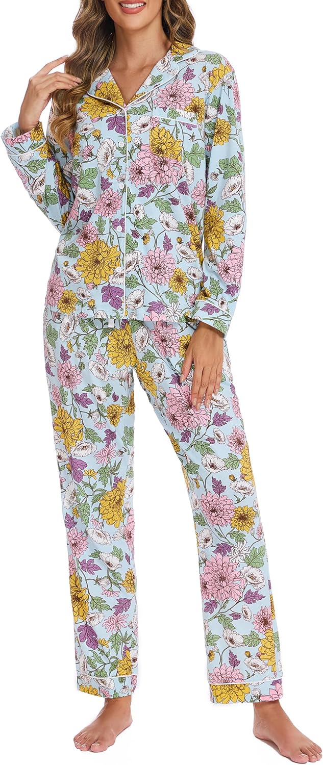 LUBOT 100% Cotton Pajamas for Women PJ Set Soft 2 Piece Ladies Button Knit Long Short Sleeve Sleepwear Loungewear XS-XXL