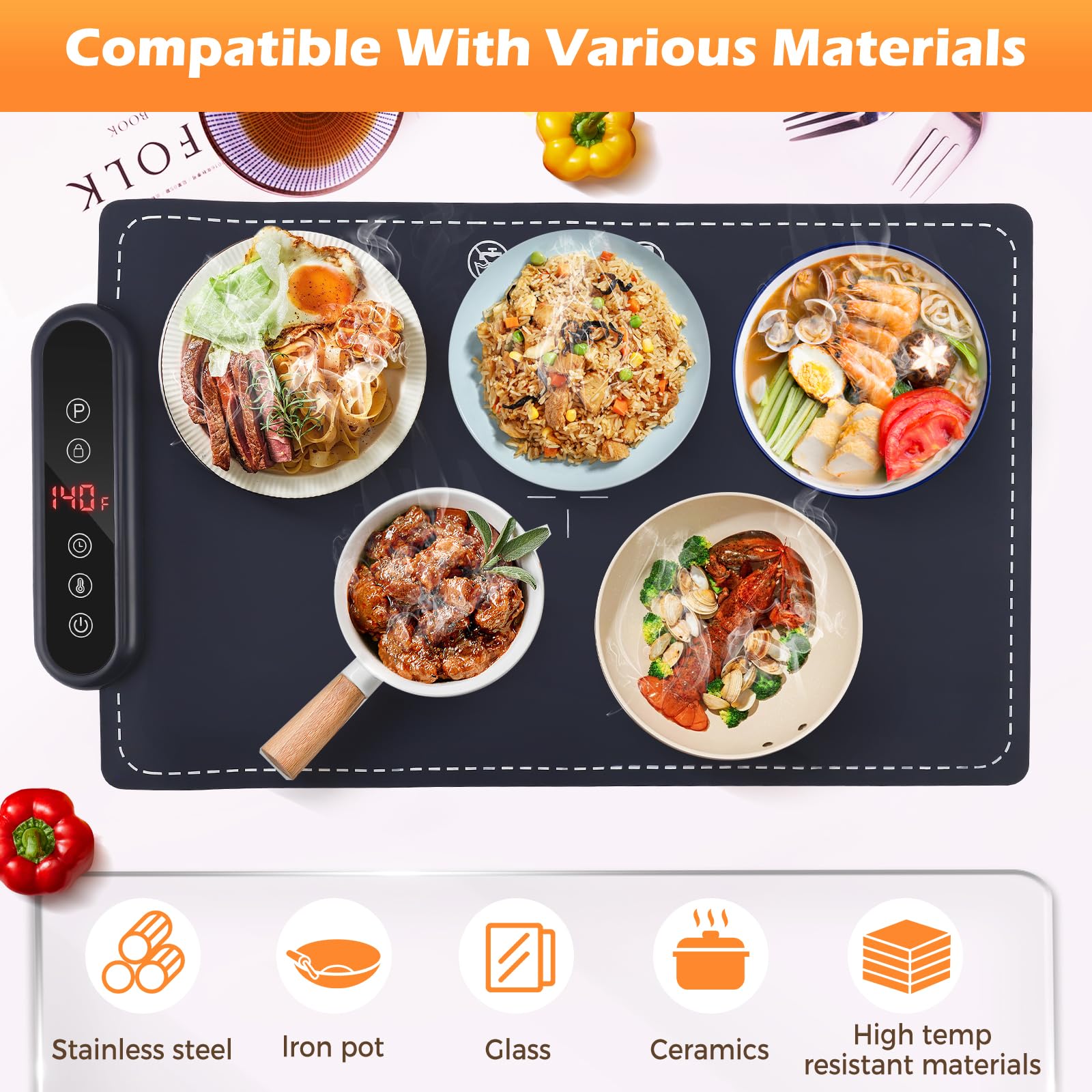 Chauffe Plat Électrique avec 6 Temp（50-100 °C), Laque Chauffante électrique Portable pliable en Silicone Affichage ℃/℉ Facile à Nettoyer pour Buffet, fête, Décongélation, Réceptions Garder au ChaudZ