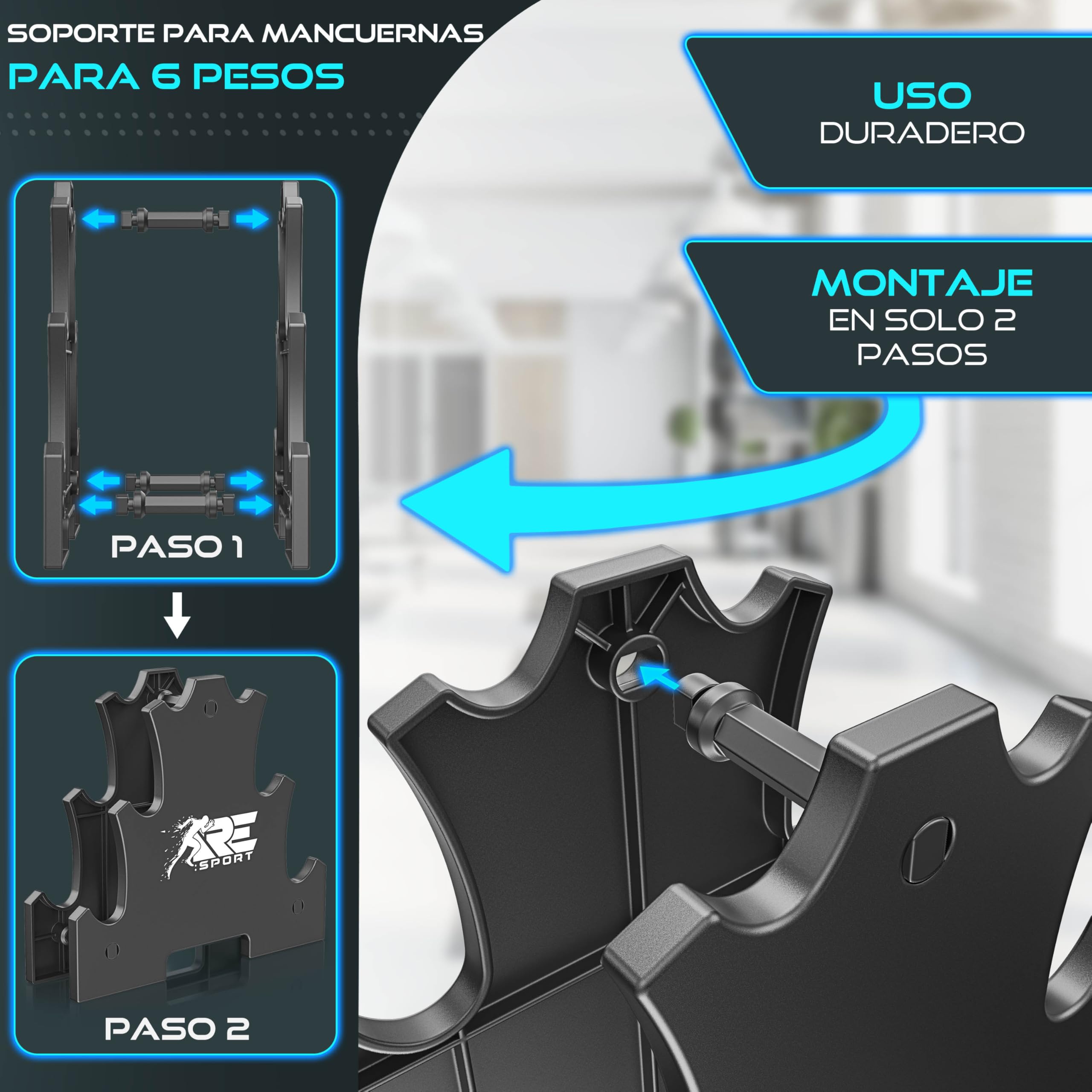 RE:SPORT Juego de mancuernas de 3 pares, 1 kg – 5 kg, 12 kg o 18 kg, con soporte y 3 bandas de fitness, mancuernas antideslizantes de neopreno para hombre y mujer