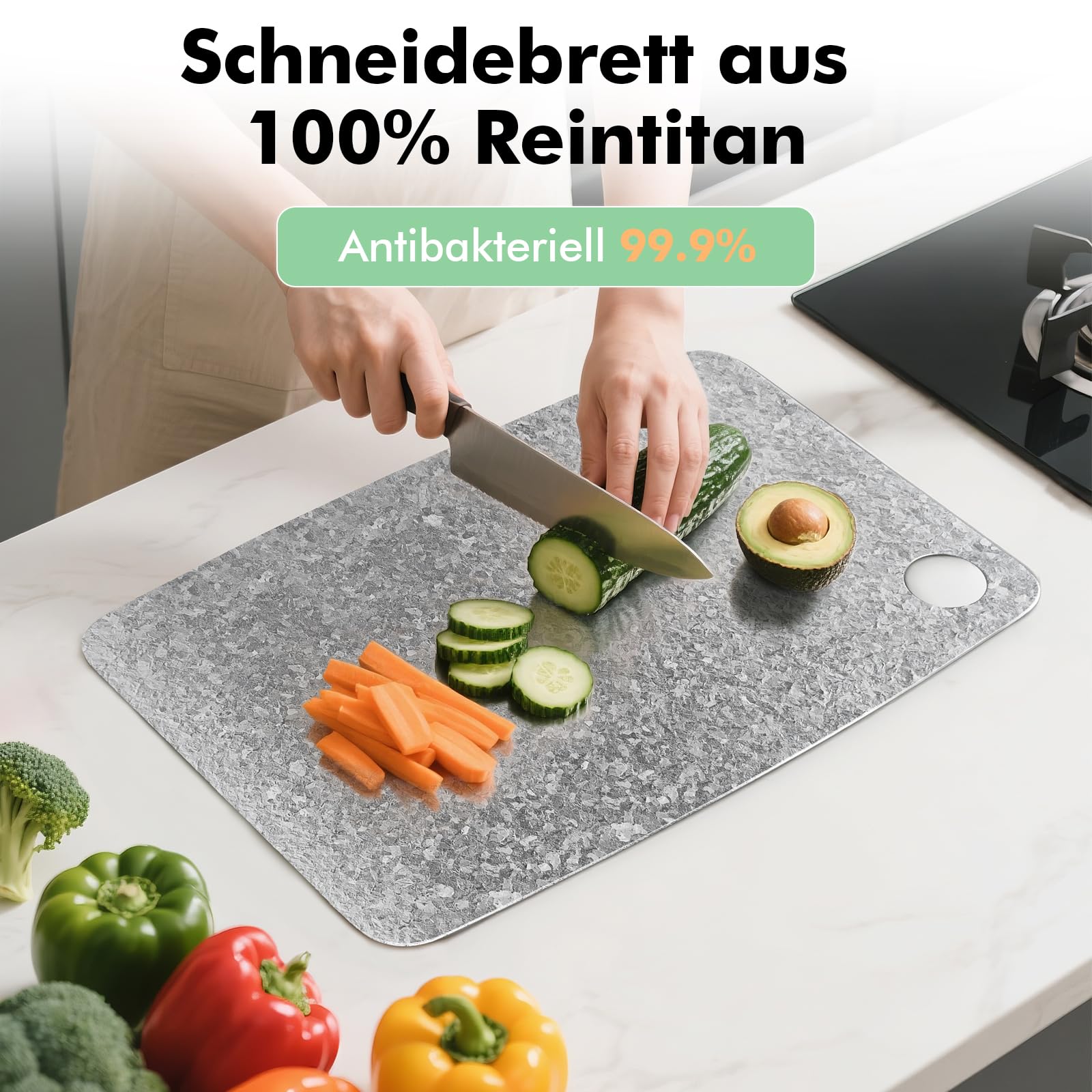 Titan Schneidebrett, Schneidebretter aus 100% Titanium, Antibakterielle Küchenbrett - EPA-Zertifiziert, BPA-freies Doppelseitiges Titanium Cutting Board, ideal für Fleisch, Gemüse & Obst (28x40 cm) | Doppelseitiges Brett für Fleisch & Gemüse, BPA-frei, sp