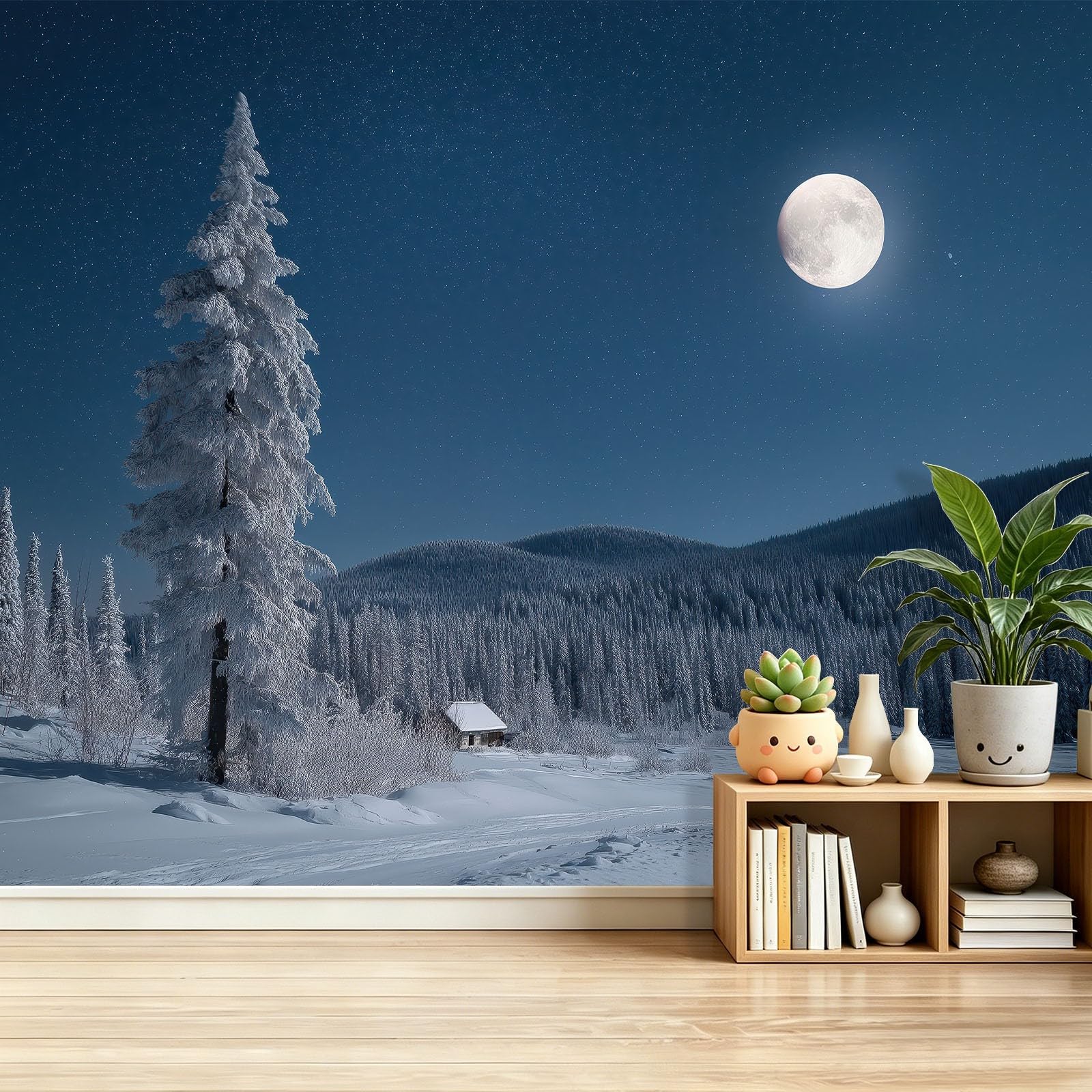Papier peint panoramique forêt d'hiver bleu 200x140 cm intissé 3D pour salon