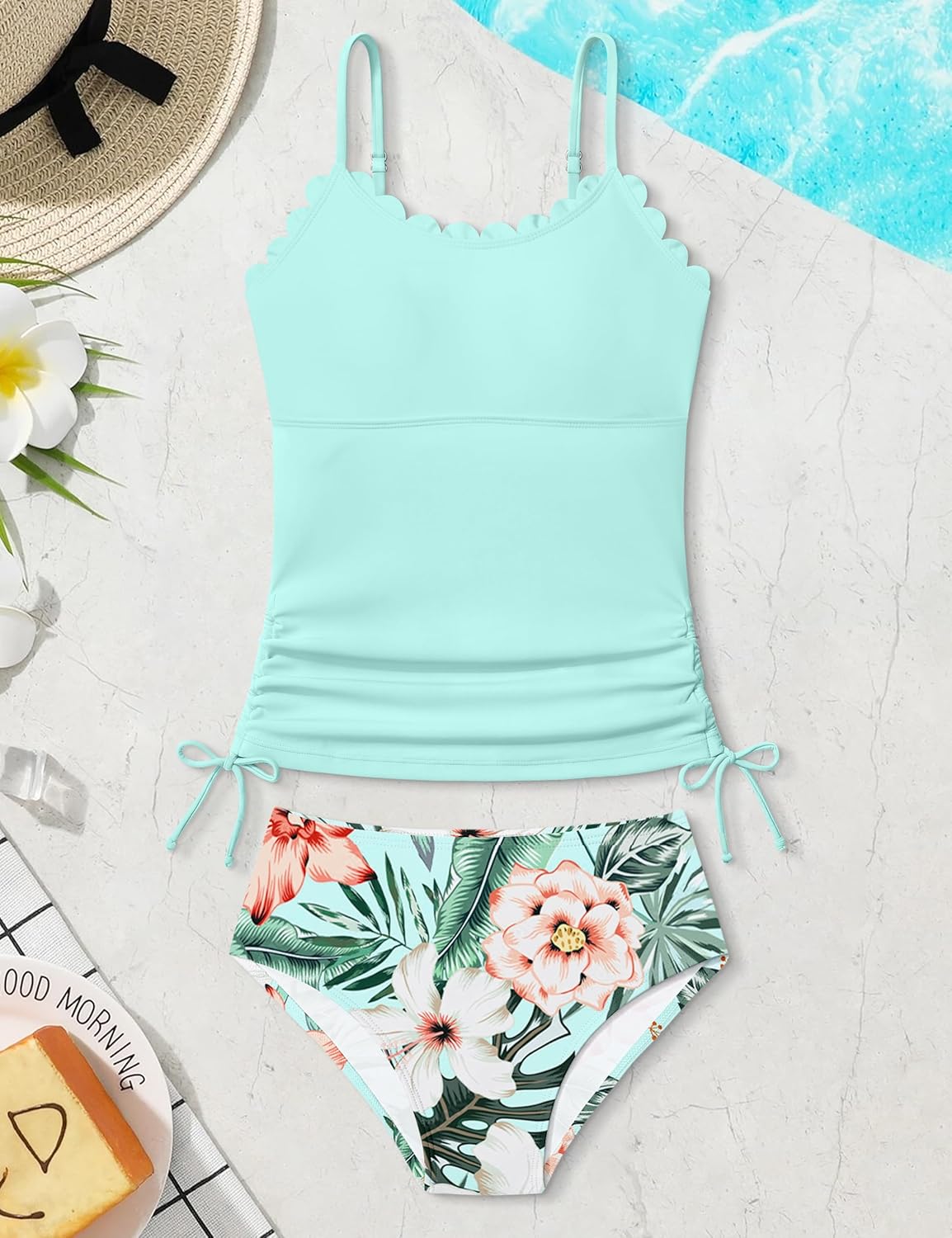 DONWEN Girls Tankini Swimsuit Two Piece Scoop Neck Scallop Trim Side Drawstring Girl Bathing Suit for 9-16Y - Image 5