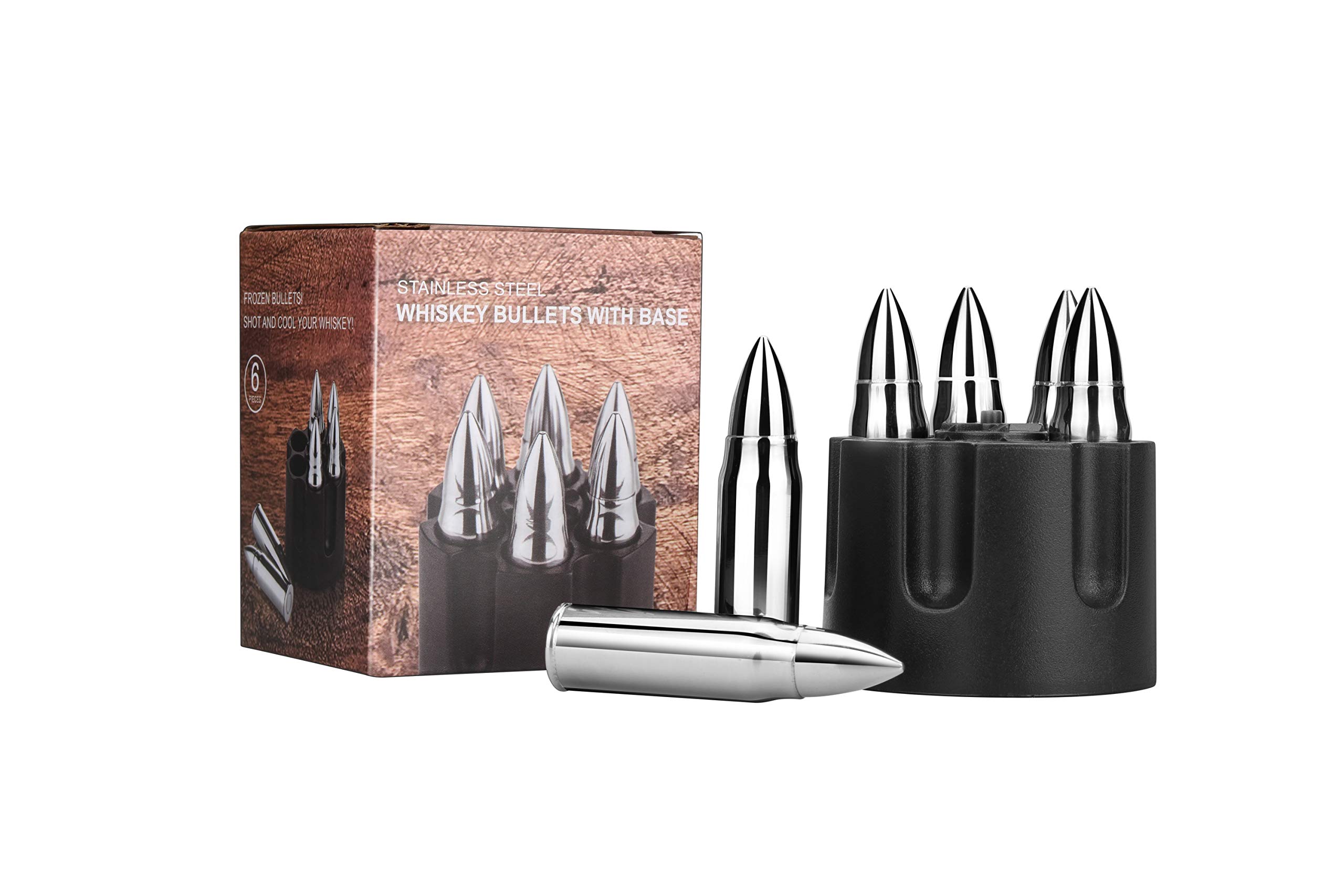 RUNZI Whiskey Stones Set of 6 Stainless Steel Ice Cubes,Whiskey, Bourbon, Reusable Stainless Steel Chilling Rocks With Realistic Revolver Freezer Base, Gift Box Packaging Gift for Father's Day