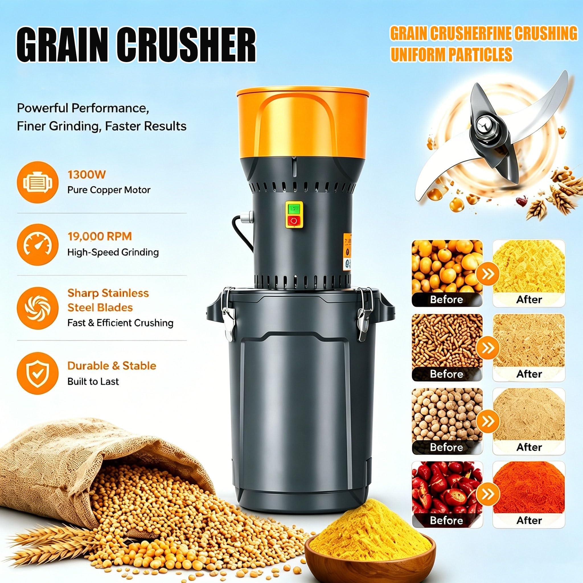 Molinillo eléctrico de alimentación, molinillo de 6.6 galones con tolva desmontable y 5 tamices para cereales secos sin polvo, trigo, maíz, granos, especias
