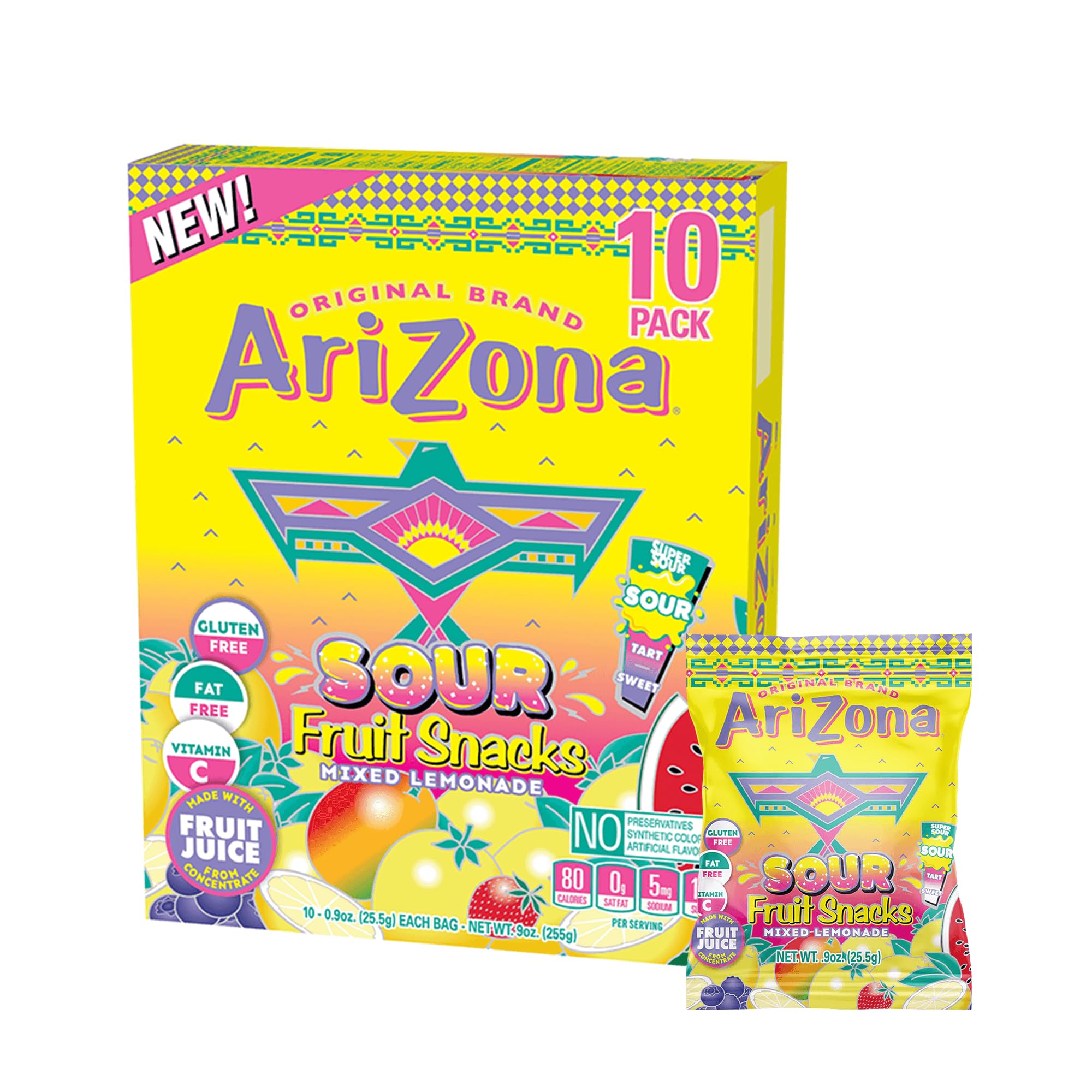 AriZona Lemonade Fruit Snacks, Sour Lemonade - 0.9 oz, 10 count Box