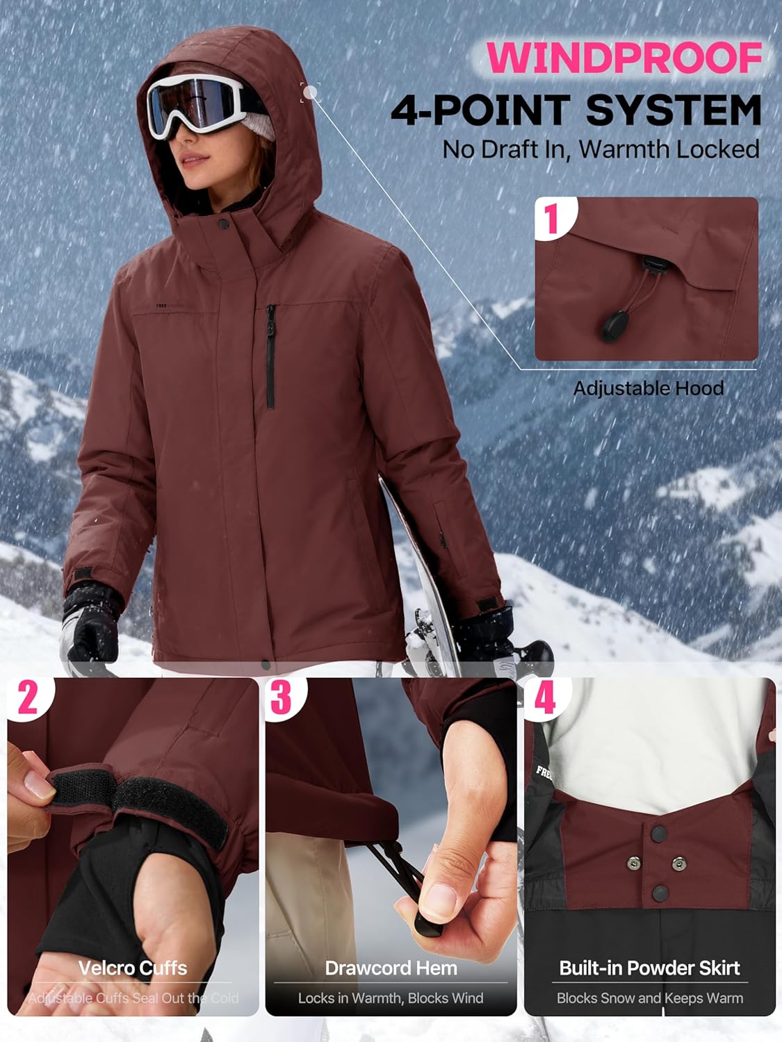 FREE SOLDIER Women's Waterproof Ski Snow Jacket Fleece Lined Warm Winter Rain Jacket with Hood Fully Taped Seams - Image 5