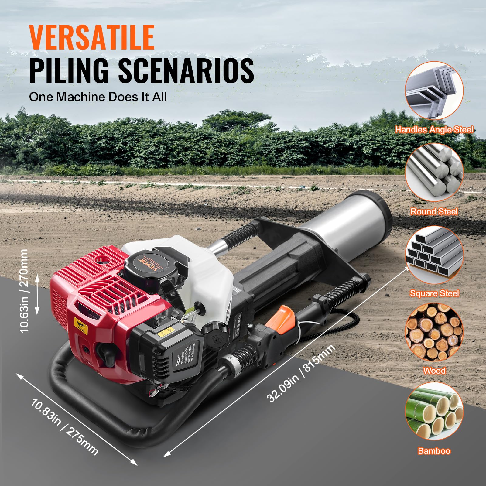 VEVOR 52cc Battipalo a Benzina a T, Battipalo per Recinzioni a Benzina con Motore 2 Tempi, Battipalo Portatile 1400 W con Testa di Guida 3 Pali (49/69/100 mm), per Fattorie, Recinzioni per Ranch