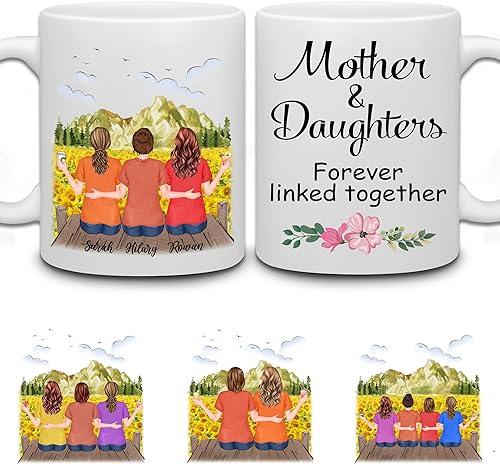 WHIDOBE Taza de café personalizada con texto en inglés Mother Daughter Forever Linked Together taza personalizada para mamá hija con avatares