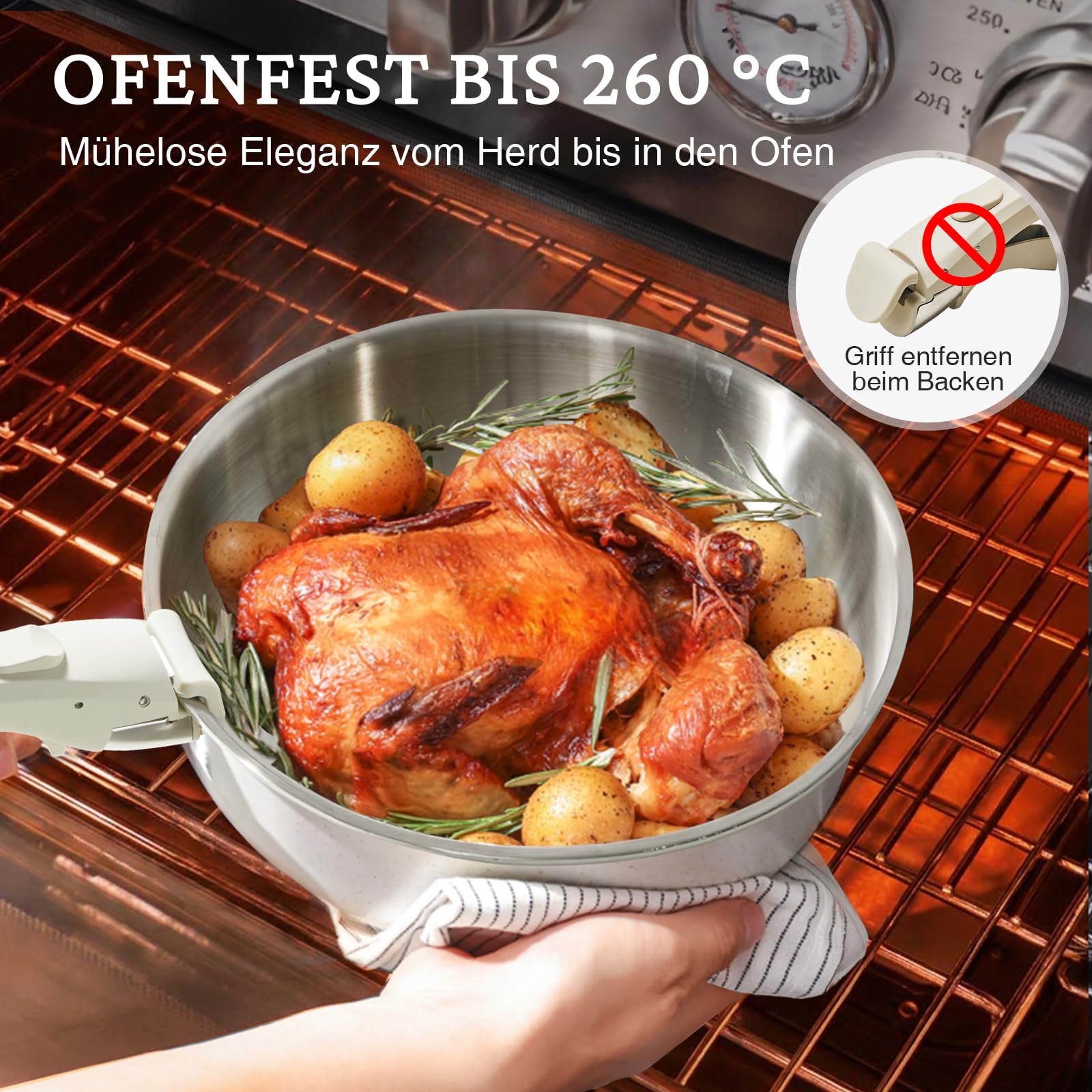 KOKHUB Pfannenset mit abnehmbarem Griff 7-Teilig, Edelstahl Pfanne | 20/26/30 cm, 3-Schicht-Material Bratpfannen Induktion unbeschichtet, Platzsparend, PFOA- & PFAS-frei, Backofenfest, Beige