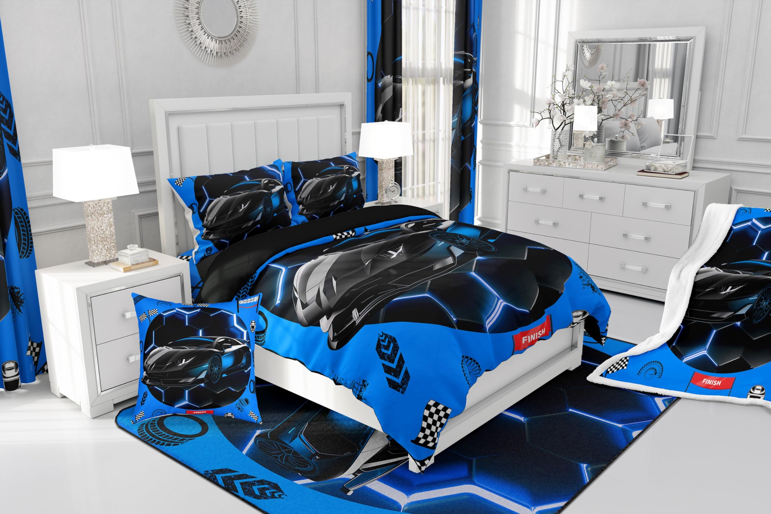 Homewish Niebieska poszewka na kołdrę z motywem samochodu wyścigowego, super king, dla dzieci i dorosłych, neonowa pościel o strukturze plastra miodu, dla nastoletnich chłopców, sporty ekstremalne