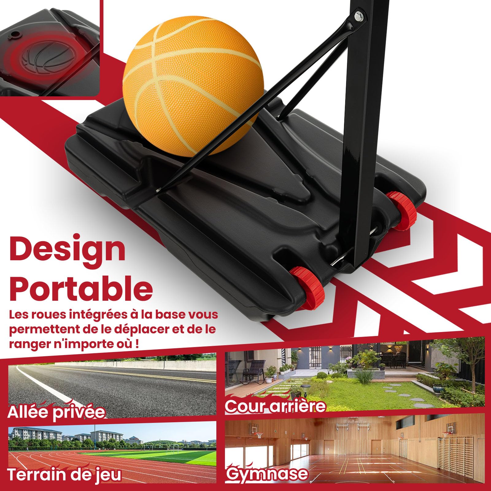 GYMAX Panier Basket Extérieur pour Adultes Enfants, Hauteur 105-260cm, Ballon & Pompe & Sac de Poids Fournis, Base Remplissable, Mobile avec Roues, Panneau Incassable
