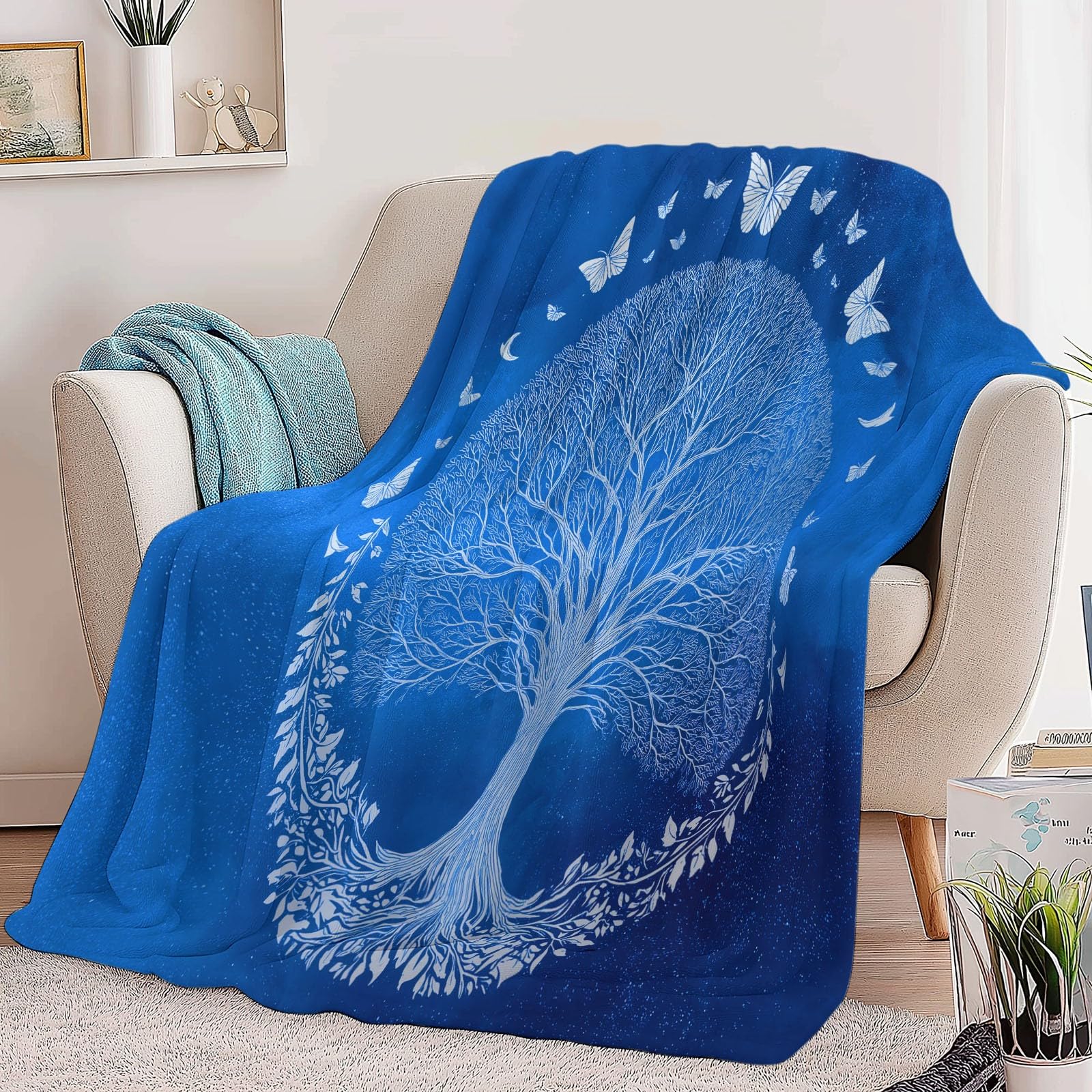 Koc flanelowy na łóżko 220 x 240 cm, miękki ciepły gwiaździste niebo niebieskie drzewo życia koc zimowy ciepły oddychający lekki abstrakcyjny sztuka dla dorosłych dzieci kobiety mężczyźni