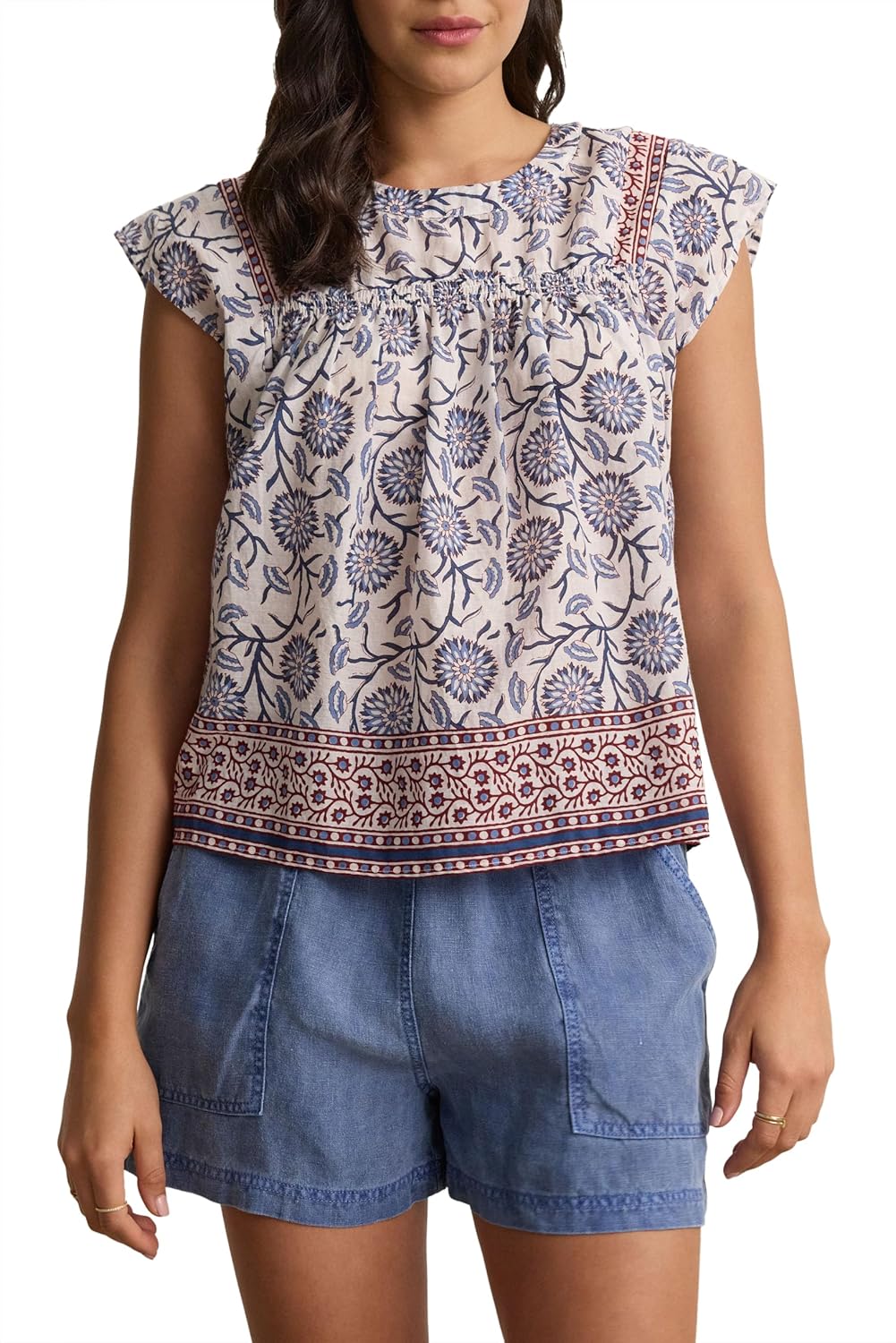 VELVET BY GRAHAM & SPENCER Women's Selene Block Print Blouse, Cream Floral