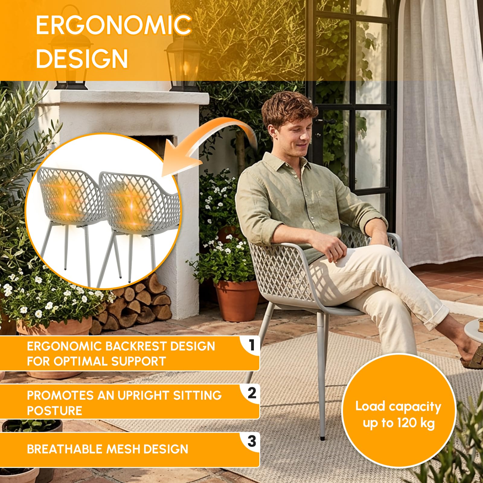 buybyroom Lot de 6 chaises de Jardin avec accoudoirs, Fauteuil Lounge - Chaises de Jardin - Charge maximale : 120 kg - Gris
