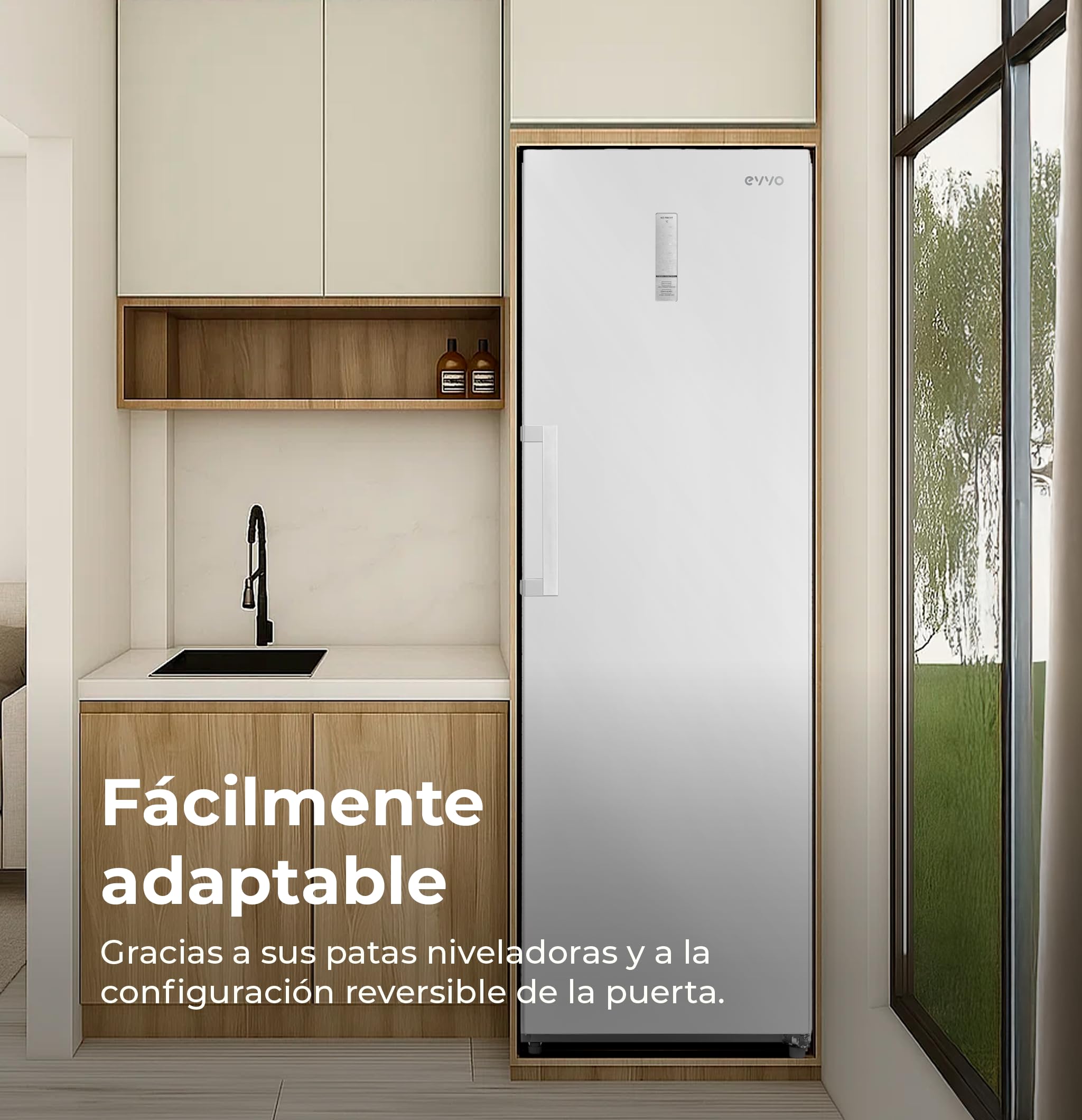 EVVO Congelador Vertical ICE 273 - Arcón Congelador Convertible a Frigorífico, 185cm de Altura, Capacidad de 273 Litros, Alarma Puerta Abierta, Puerta Reversible, Display Frontal, Acabado Blanco