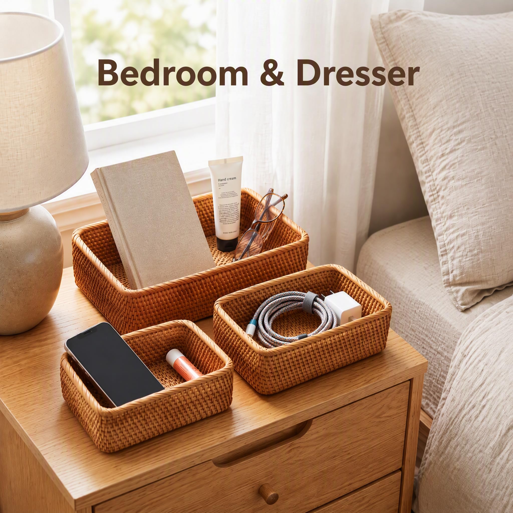 ZENFUN 3er-Pack Rechteckige Rattan Aufbewahrungskörbe, Flache Weidenkörbe für Die Dekoration, Handgefertigte Geflochtene Nesting Brotkörbe zum Organisieren, Servieren, für Küche, Zuhause, 3 Größen