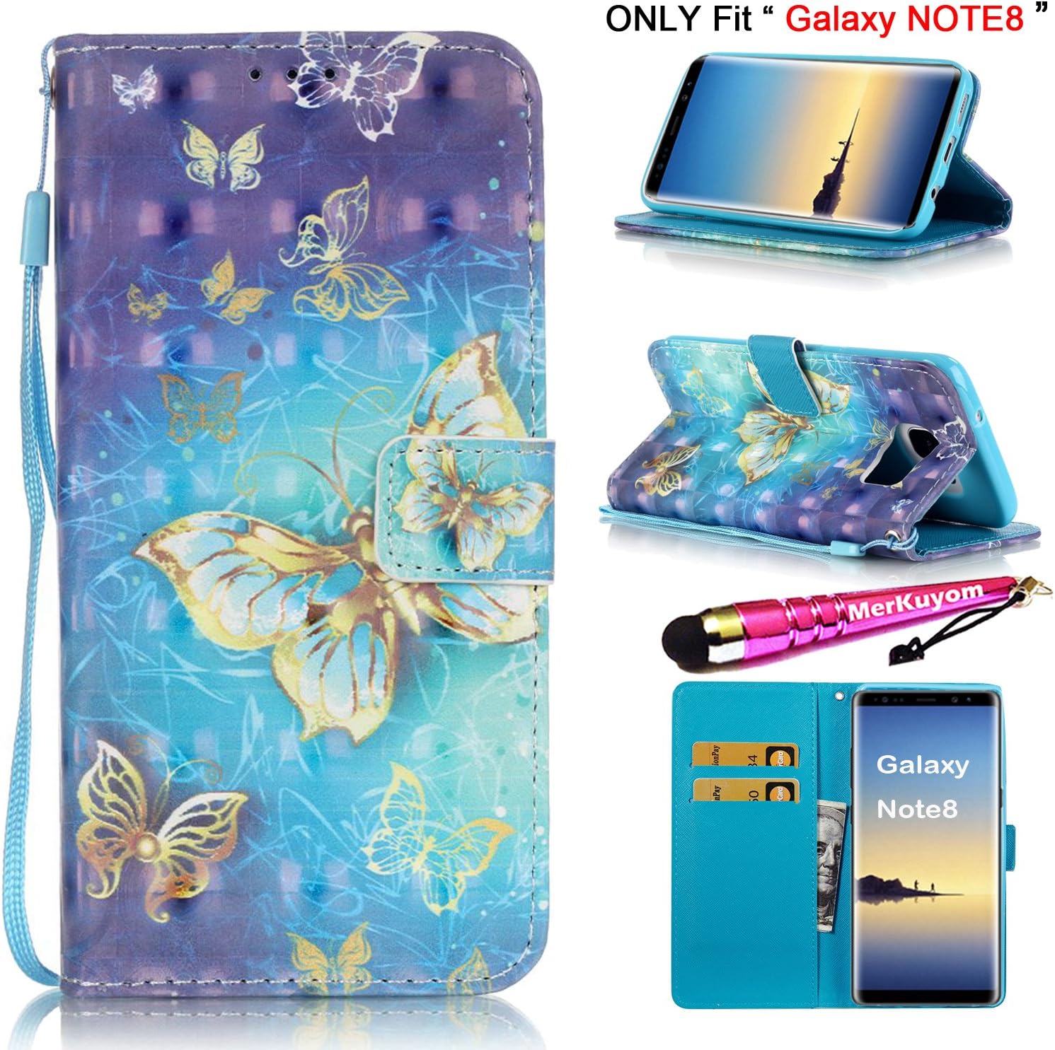 Galaxy Note8 Case [Wrist Strap], MerKuyom® [Kickstand] Leather Wallet Pouch [Card Holder] Magnetic Protective Flip Cover Case for Samsung Galaxy Note8 Note 8, W/Stylus (3D Blue Yellow Butterfly)