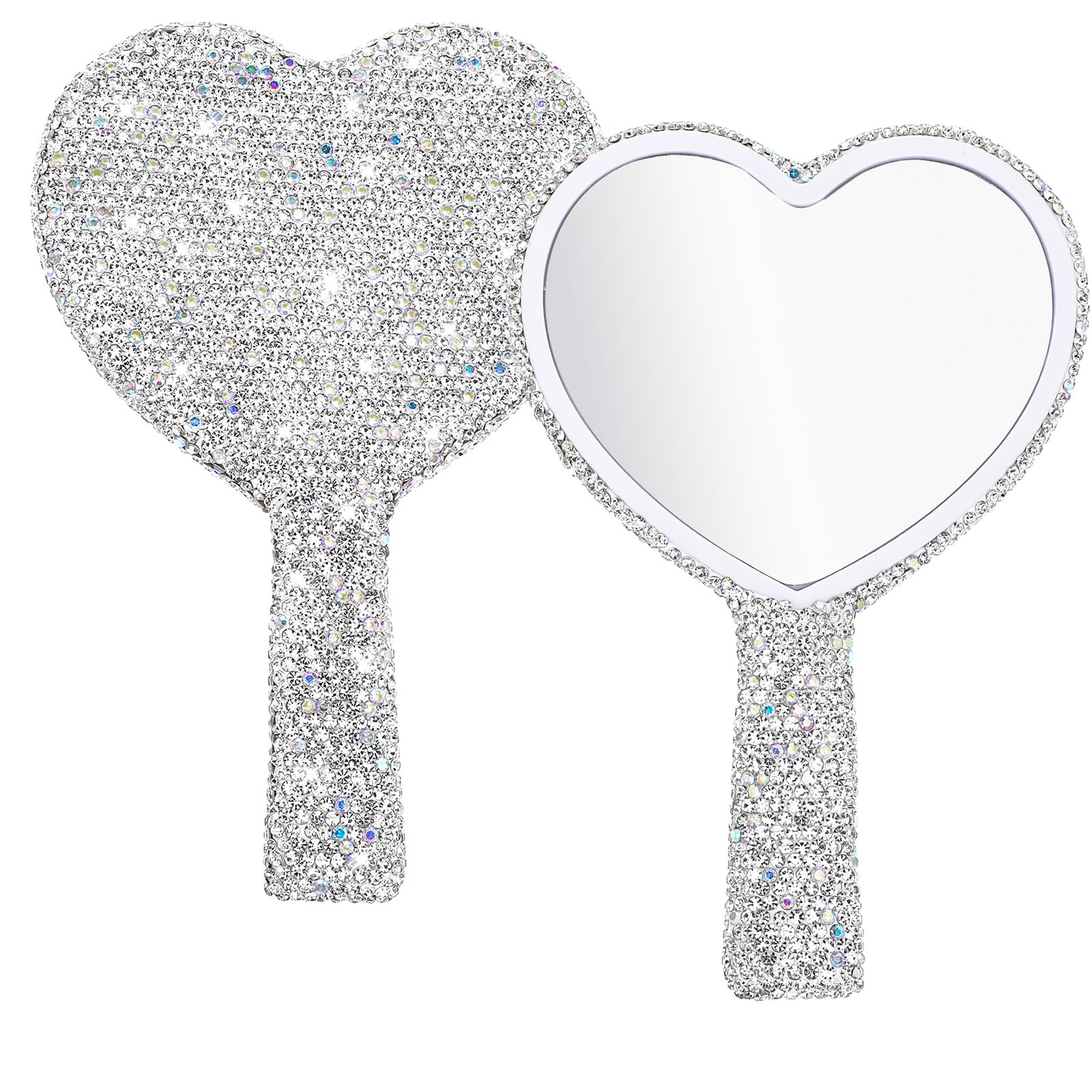 Sorcristy Rhinestone Mirror Handheld Large Heart With Handle Glitter Portable Travel Cute Makeup for Women White Bling Mirrors Single Sided for Wedding Birthday Valentine's Day Gift