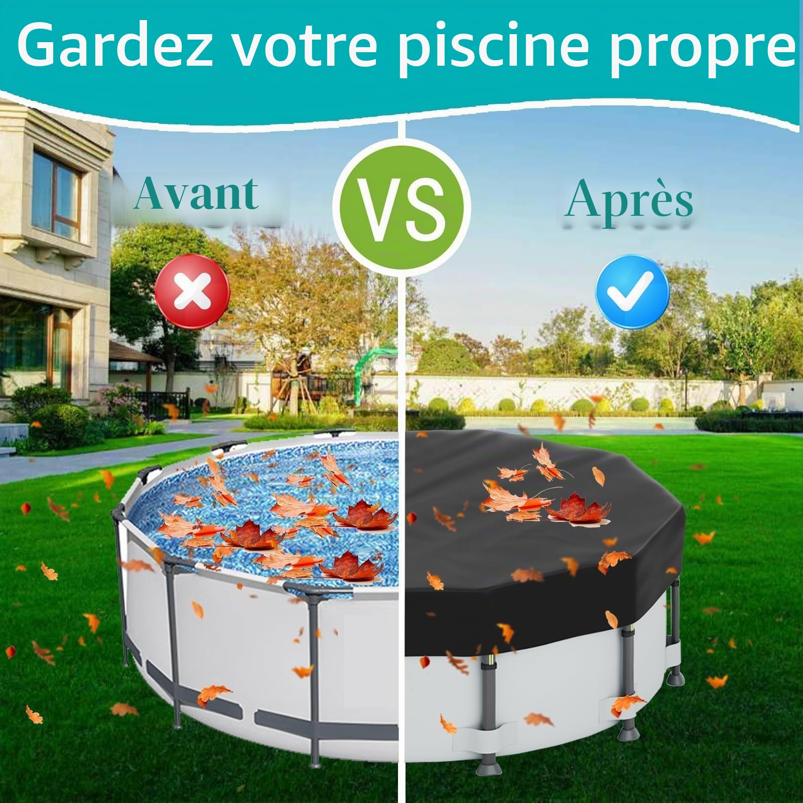 Safana Bâche de piscine ronde en tissu résistant aux déchirures pour piscines hors sol - Toile résistante aux déchirures, robustesse et durabilité supérieures – Protection contre les feuilles, les