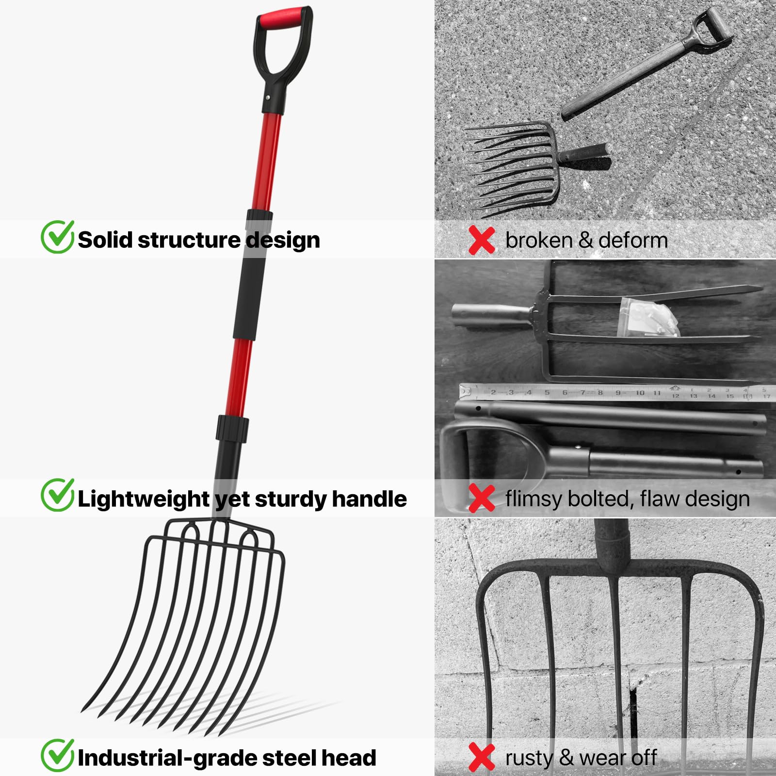 Cosita Forcone da Giardino Largo con 10 Denti in Metallo, Resistente, con Manico in Fibra di Vetro, 111 cm, per Letame, pacciamatura, compostaggio, Rosso