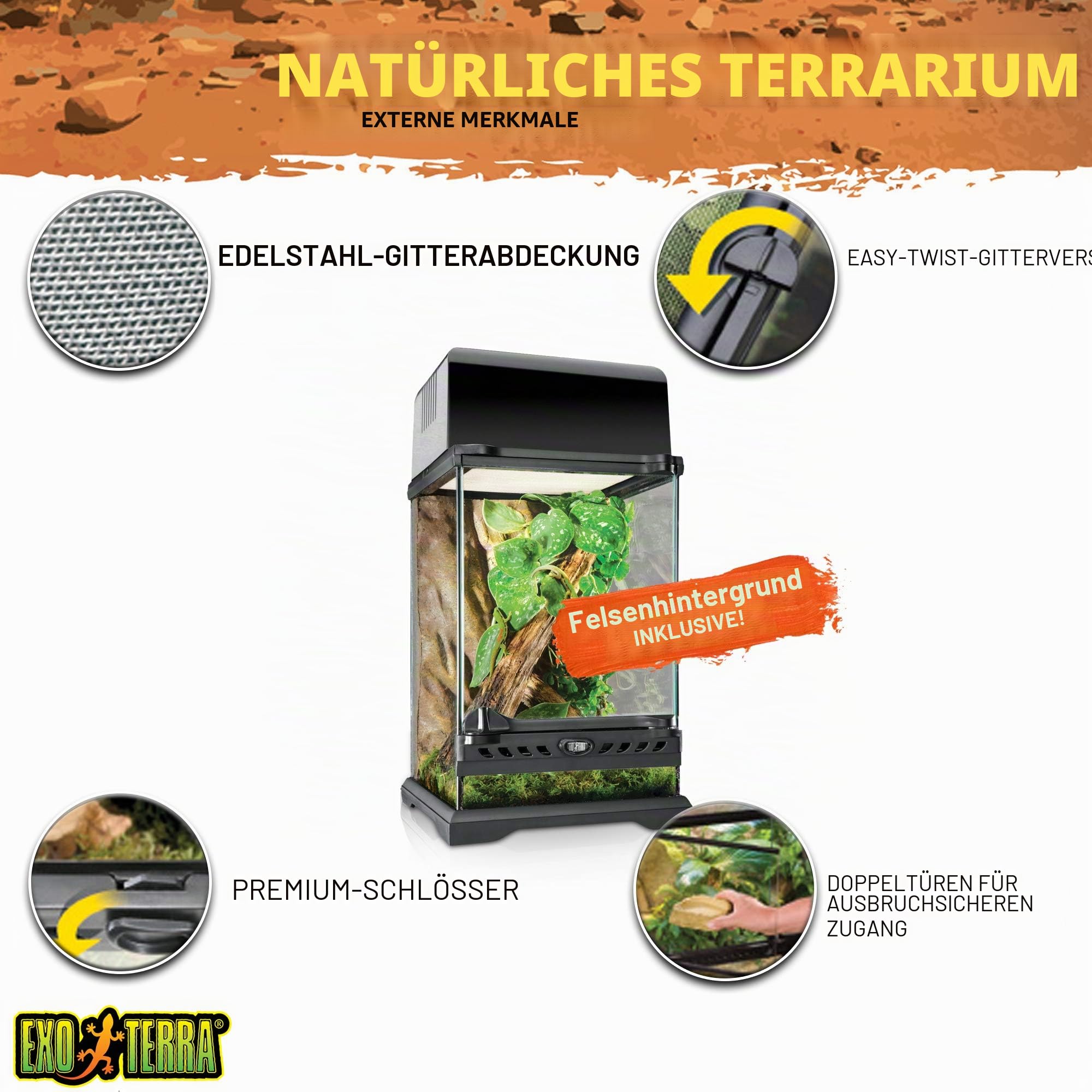 Exo Terra Terrarium aus Glas, mit einzigartiger Front Belüftung, 20 x 20 x 30cm & Compact Top, Terrarienabdeckung, Nano, für 1 Lampe, mit Reflektor, 20 x 9 x 15cm, Fassung E27, Schwarz