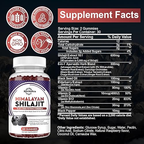 Miniatura 7 de Shilajit Gummies - Suplemento Shilajit orgánico del Himalaya Complejo 14 en 1 con aceite de semilla negra y mezcla de hierbas ayurvédicas, ácido
