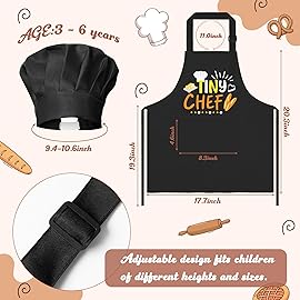 R HORSE Kid Apron and Chef Hat Set - 2Pcs Black Tiny Chef Adjustable Children Kitchen Toddler Apron with Pockets for Kids, Funny Dress up Pretend Play Toy Birthday Gift for Boy Cooking Baking Painting