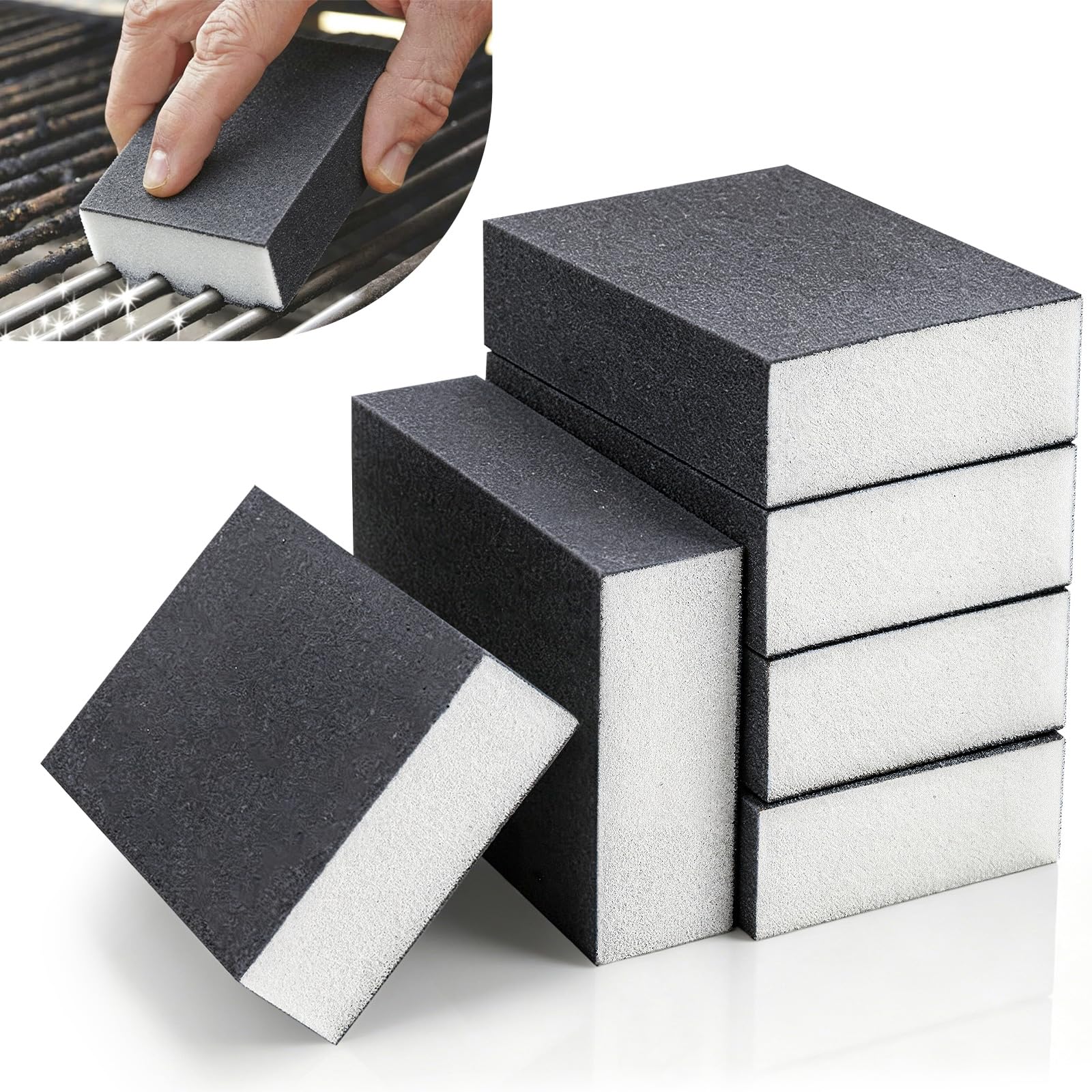 Bekeify 6 Pcs Sanding Sponge for BBQ Grill Cleaning Scrub Sponges Sanding Blocks Barbeque Cleaning Accessories Cleaner Washable Reusable Grill Wash Sponge for Griddle Racks Ovens Grease Burnt-on Food