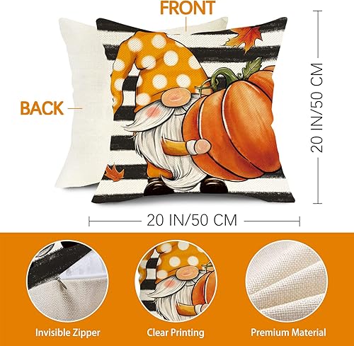 Miniatura 2 de Juego de 4 fundas de almohada decorativas de otoño con diseño de hojas de arce y calabaza de 20 x 20 pulgadas, diseño de gnomo con diseño de rayas
