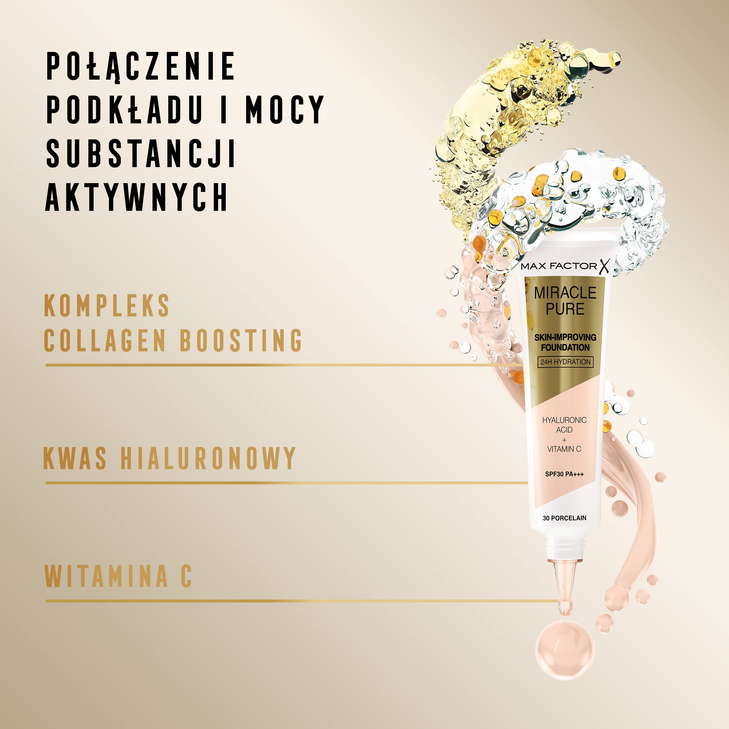 Max Factor Miracle Pure rozświetlający podkład odżywczy do twarzy z witaminą C i kwasem hialuronowym, fluid z filtrem SPF30PA+++ nr 75 Golden, 30 ml