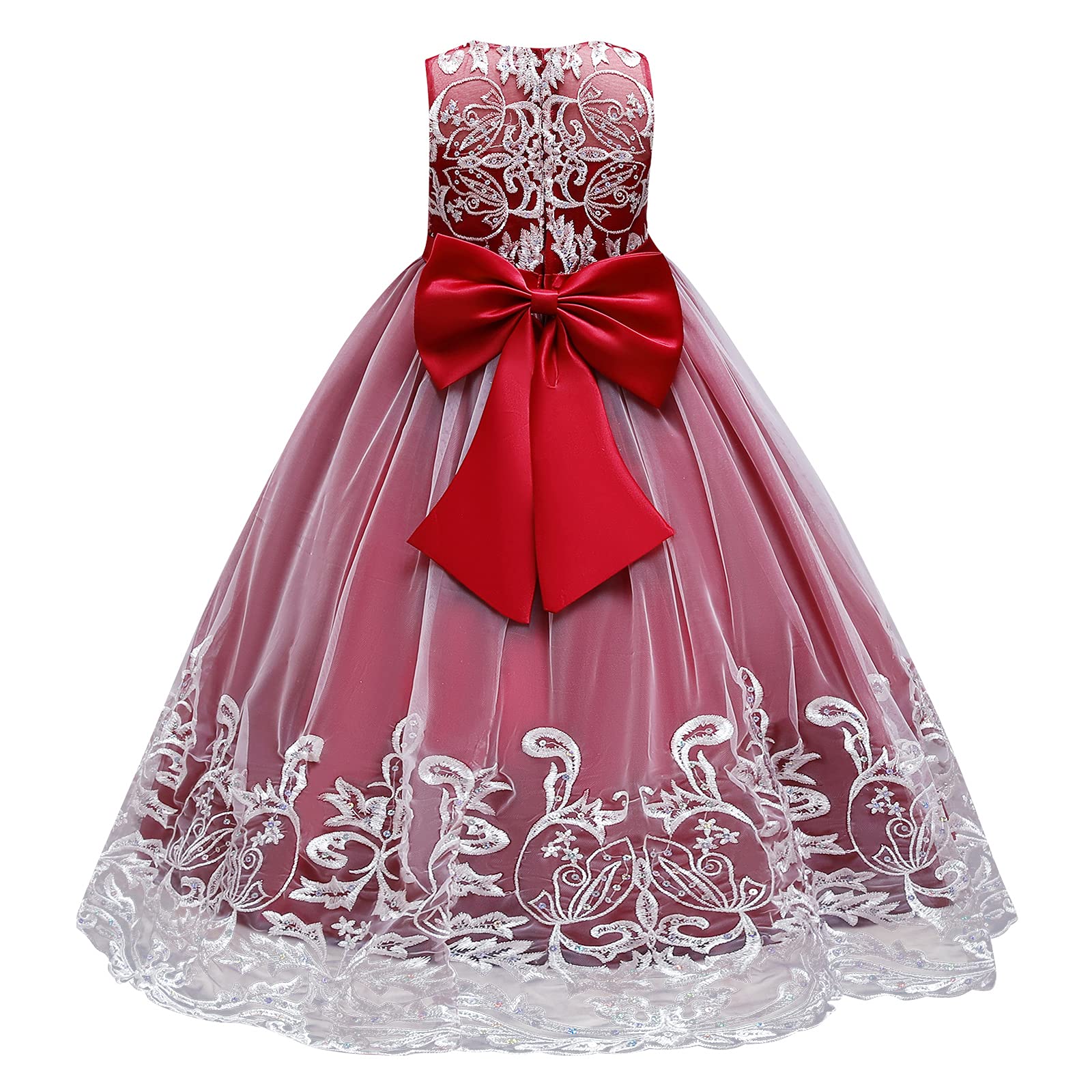Flower Girl Lace Dress for Kids Wedding Bridesmaid Pageant Party Formal Long Gown Princess Communion Tulle Bow Dresses