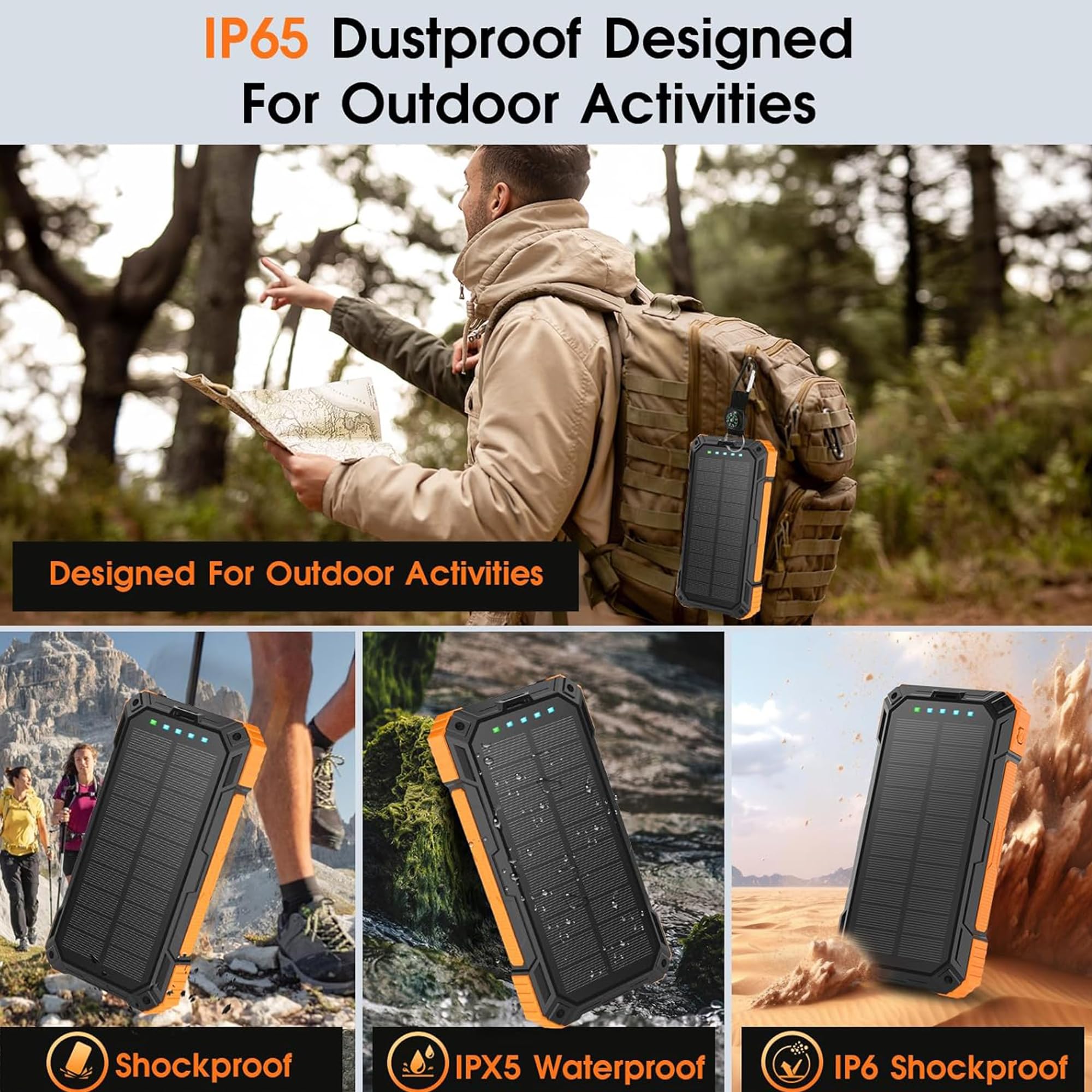 Super Power Bank Solar, Sestuplo Wireless 20000 mAh + LED Ad Alta Intensità + 3 Porte di Ricarica Rapida 22,5 W | Caricatore Solare | Caricatore Portatile | Batteria Solare