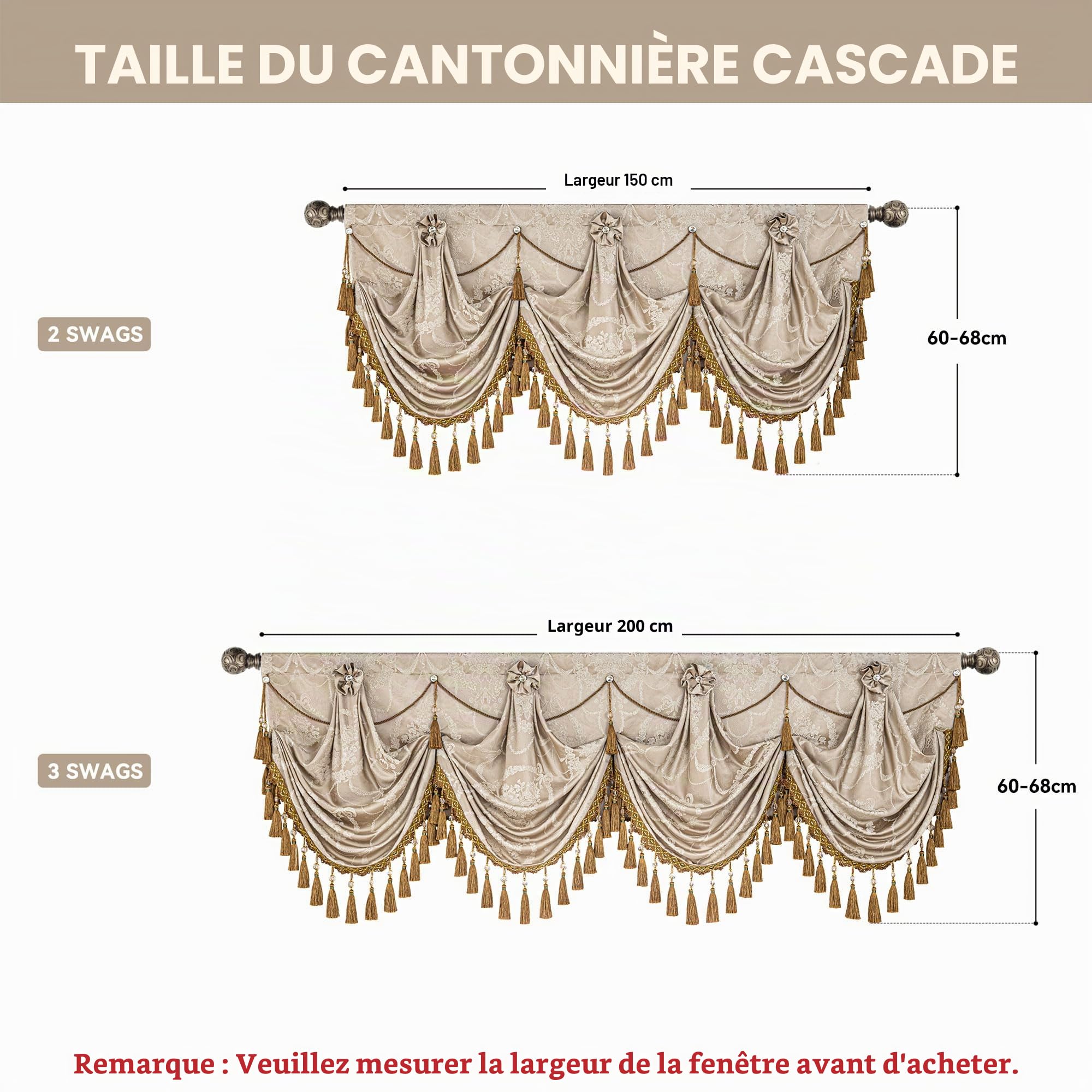 Rideaux Cantonnière Cascade pour Fenêtres, Cantonnière Damassée à Franges, Rideaux Courts pour Chambre Salon Cuisine (Largeur 200cm, Sable)