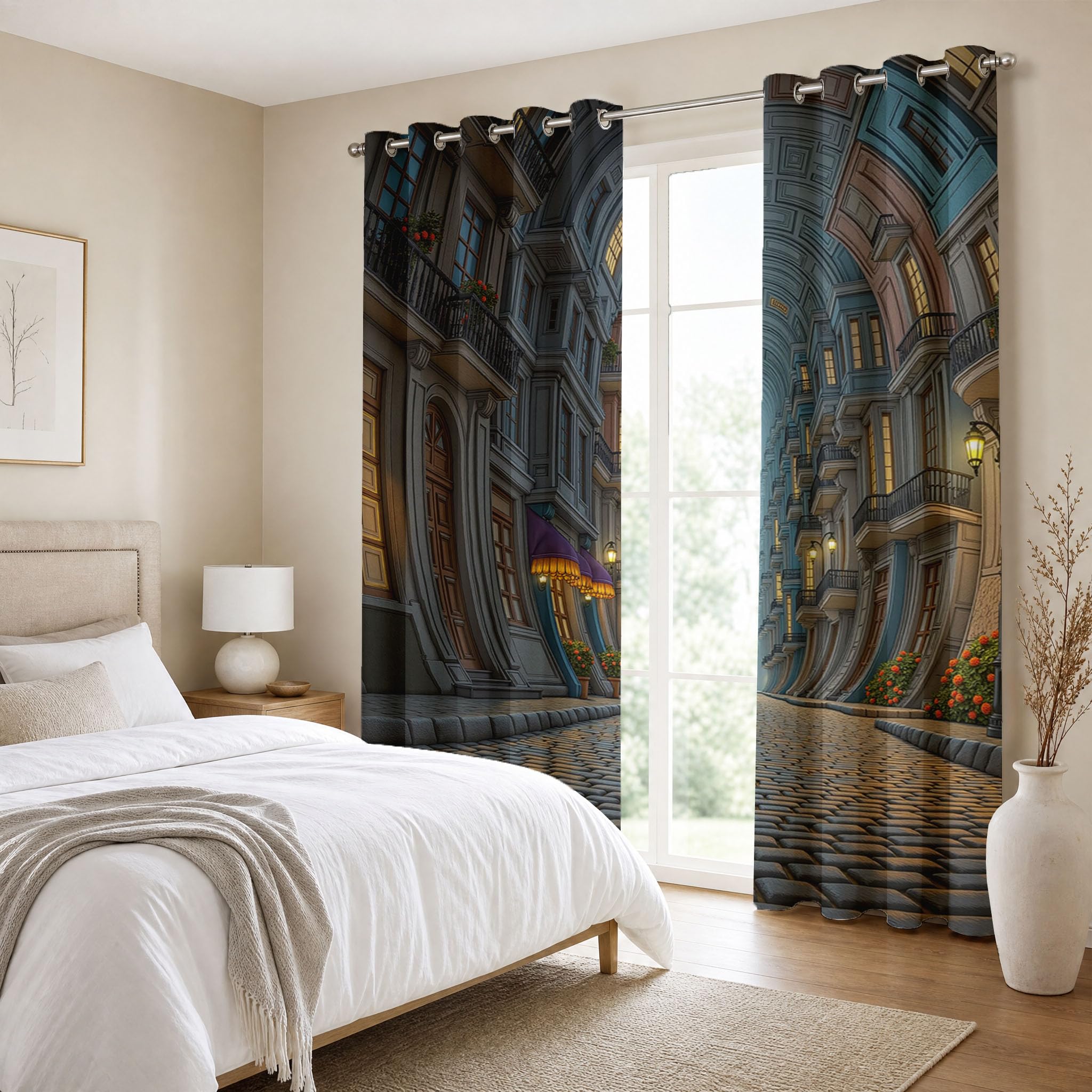 Cortinas Dormitorio Opacas Edificio Pequeño Retro Europeo, 2 Piezas140x245cm Cortinas para Ventana Calles Callejones Al Europeo Cortina con Ojales Termica para Habitacion Sala de Juego, Marrón