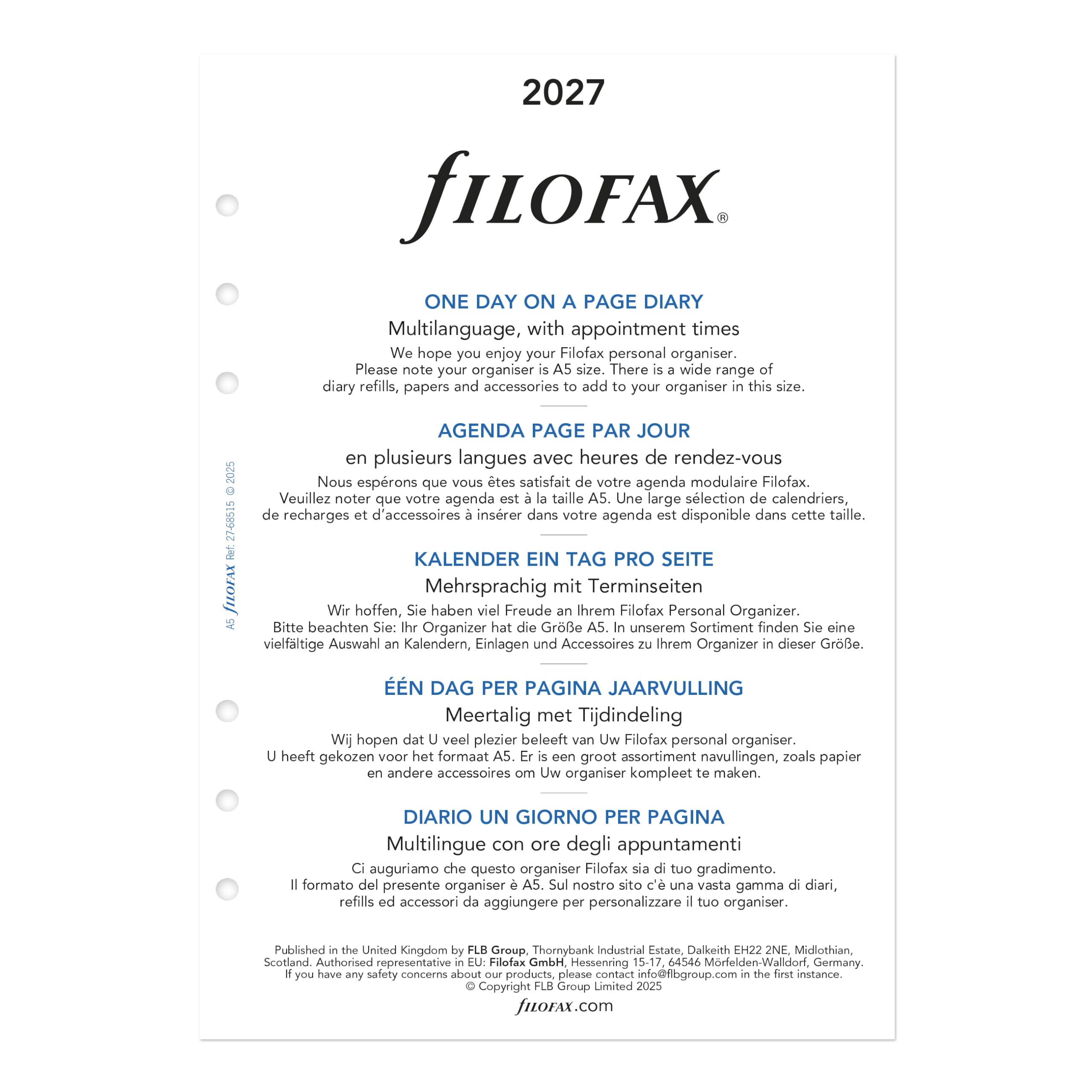 Filofax Recharge pour agenda 2027 format A5, 1 jour sur une page avec rendez-vous, papier blanc, multilingue : cinq langues, 2027 (C68515-27)