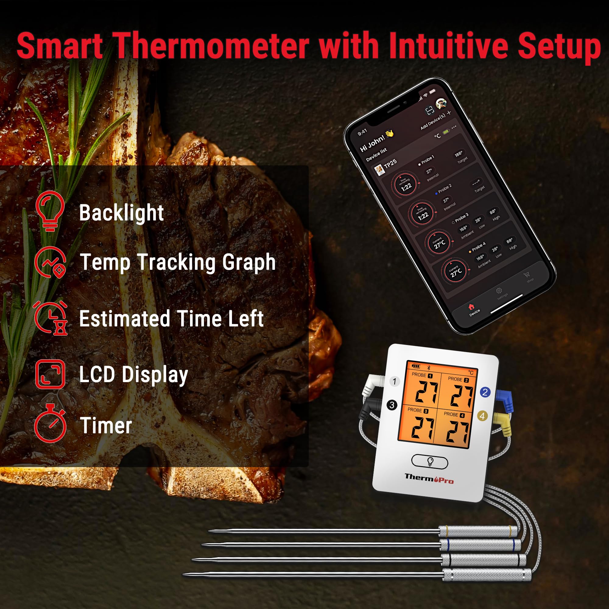 ThermoPro TempPro TP25 Termómetro Barbacoa Inalámbrico Bluetooth con 150m de Largo Alcance Termómetro de Cocina Digital con 4 Sondas para Parrilla Horno Ahumador Barbacoa Carne Carne Termómetro